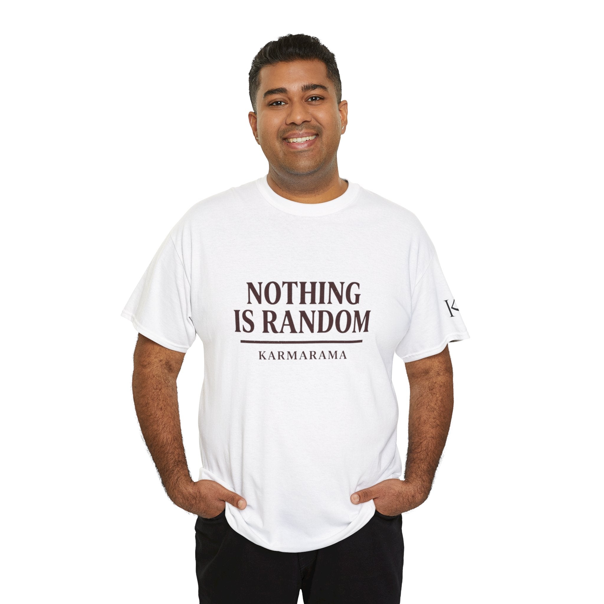 Karma quote "NOTHING IS RANDONM" unisex t-shirt by KARMARAMA. Available in 11 colors and 8 sizes. Premium organic cotton, ethically made. Trust the universe. Nothing is random."