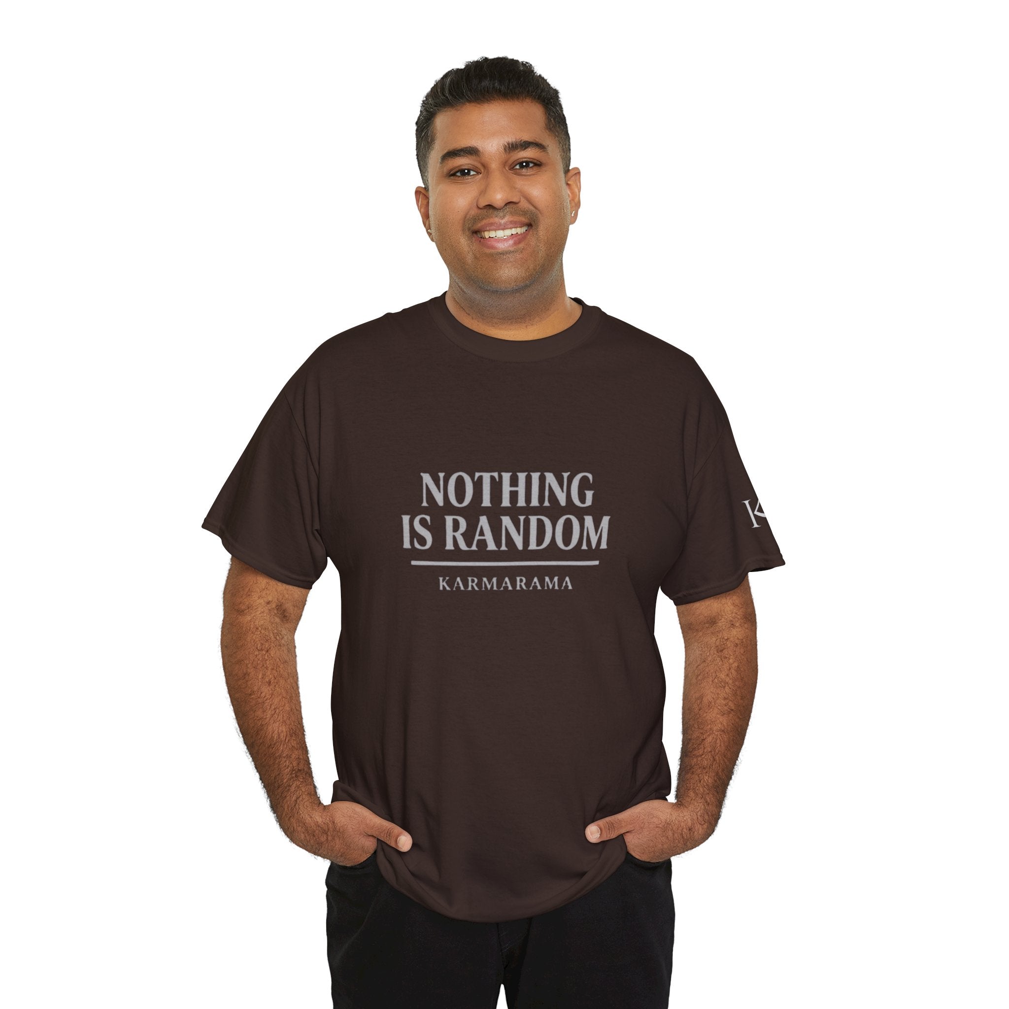 Karma quote "NOTHING IS RANDONM" unisex t-shirt by KARMARAMA. Available in 11 colors and 8 sizes. Premium organic cotton, ethically made. Trust the universe. Nothing is random."