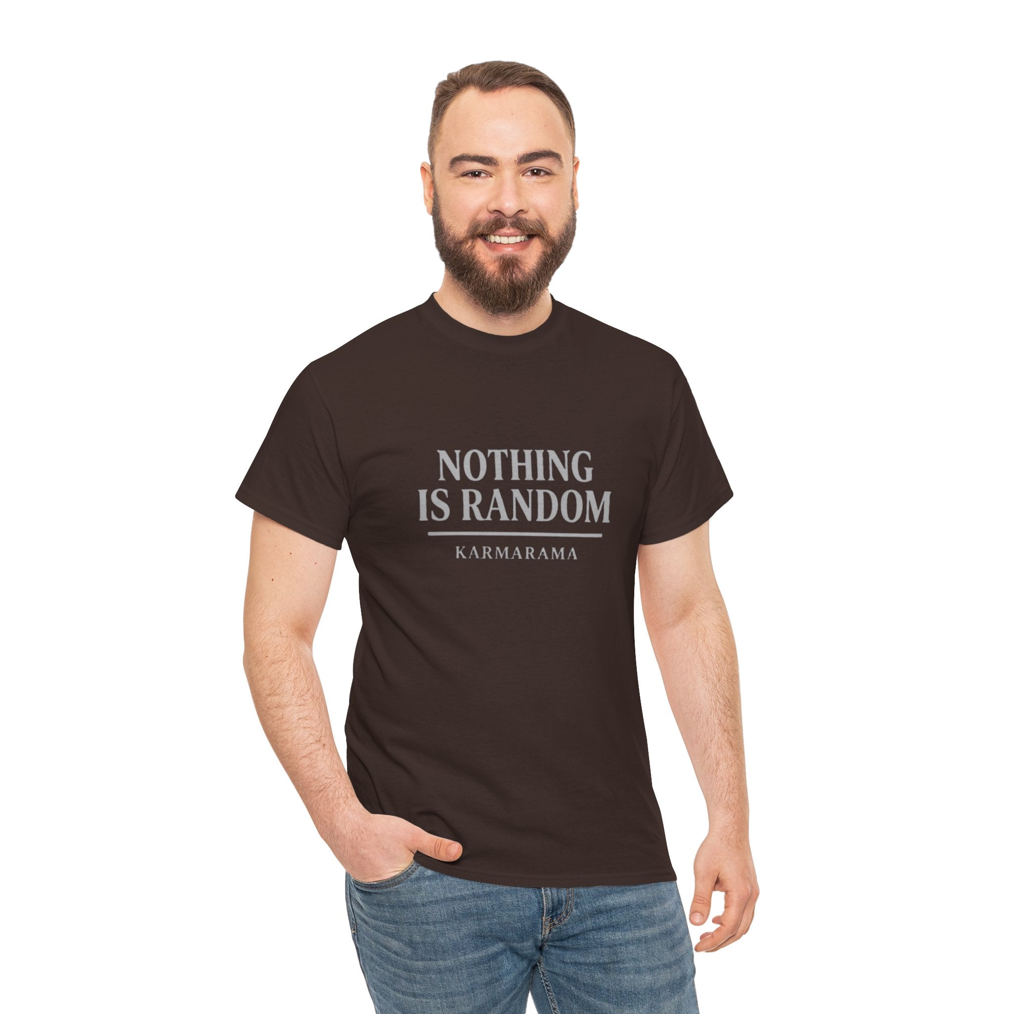 Karma quote "NOTHING IS RANDONM" unisex t-shirt by KARMARAMA. Available in 11 colors and 8 sizes. Premium organic cotton, ethically made. Trust the universe. Nothing is random."
