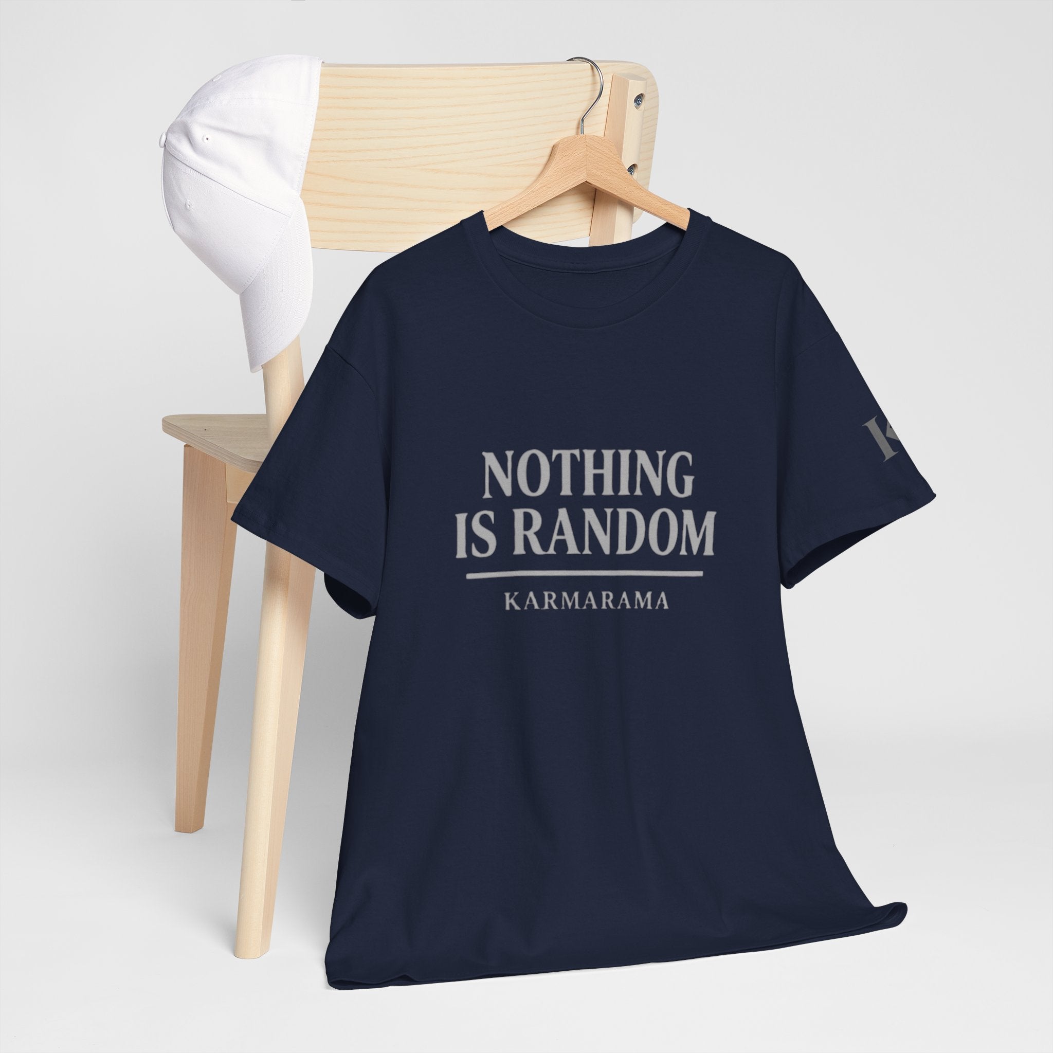 Karma quote "NOTHING IS RANDONM" unisex t-shirt by KARMARAMA. Available in 11 colors and 8 sizes. Premium organic cotton, ethically made. Trust the universe. Nothing is random."