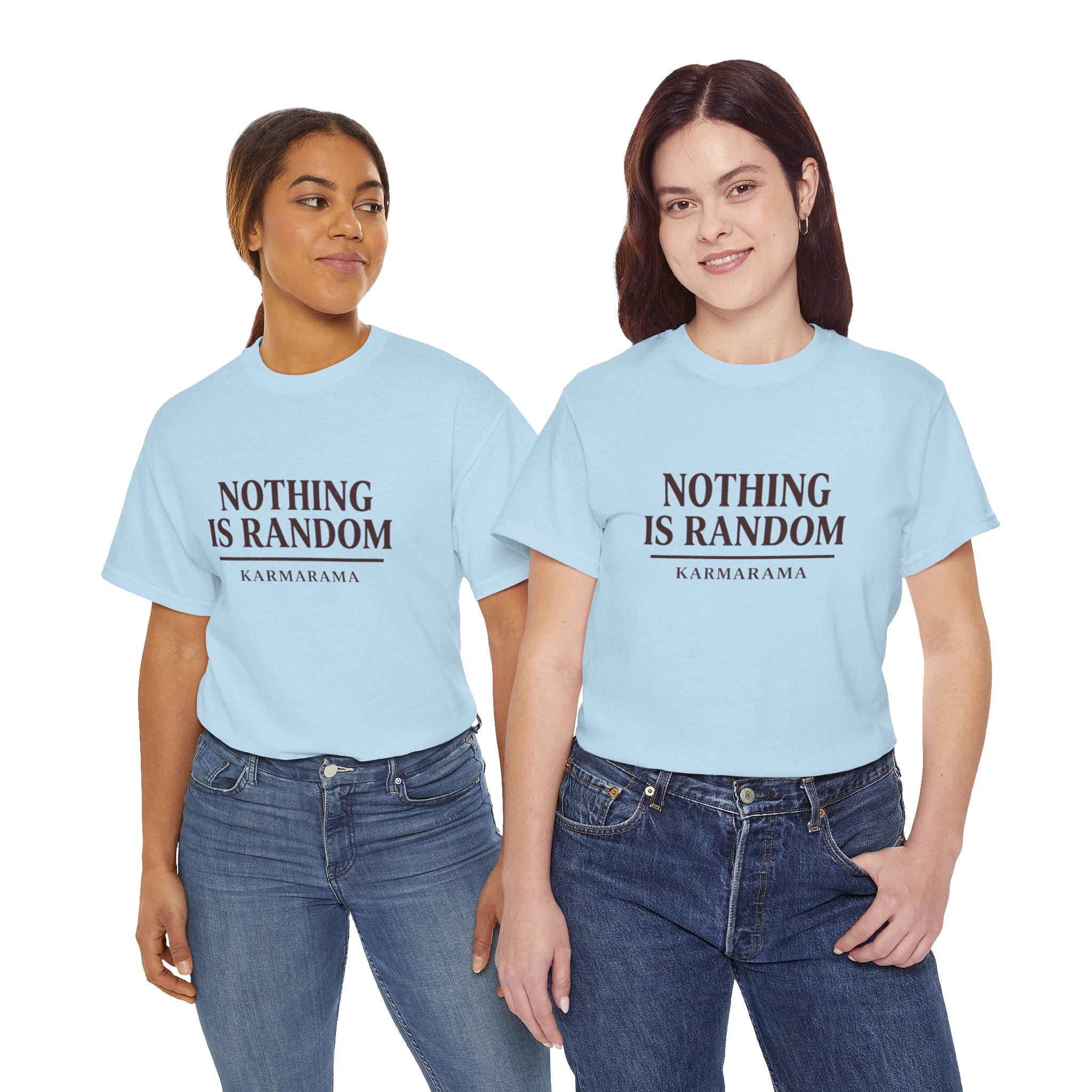 Karma quote "NOTHING IS RANDONM" unisex t-shirt by KARMARAMA. Available in 11 colors and 8 sizes. Premium organic cotton, ethically made. Trust the universe. Nothing is random."