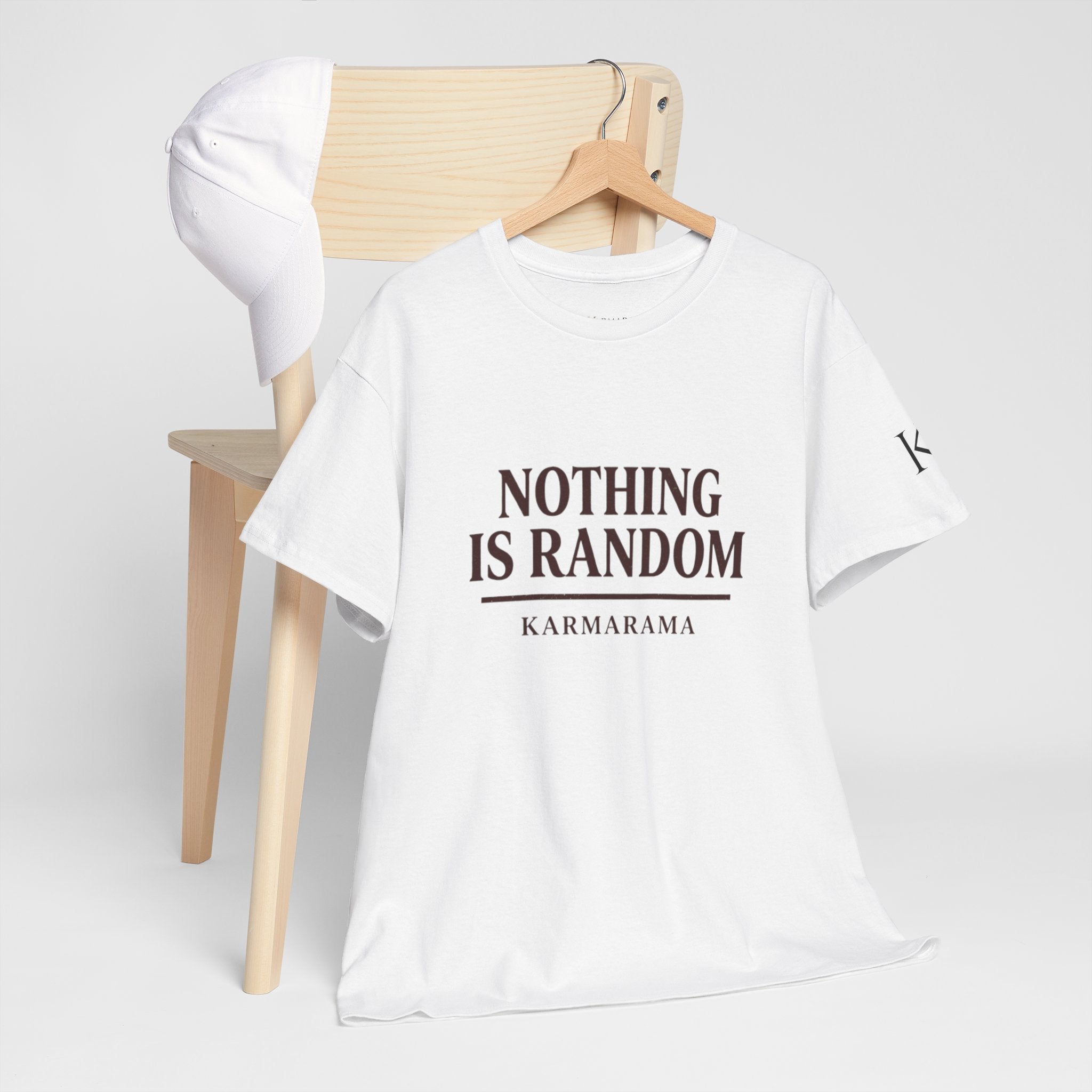 Karma quote "NOTHING IS RANDONM" unisex t-shirt by KARMARAMA. Available in 11 colors and 8 sizes. Premium organic cotton, ethically made. Trust the universe. Nothing is random."