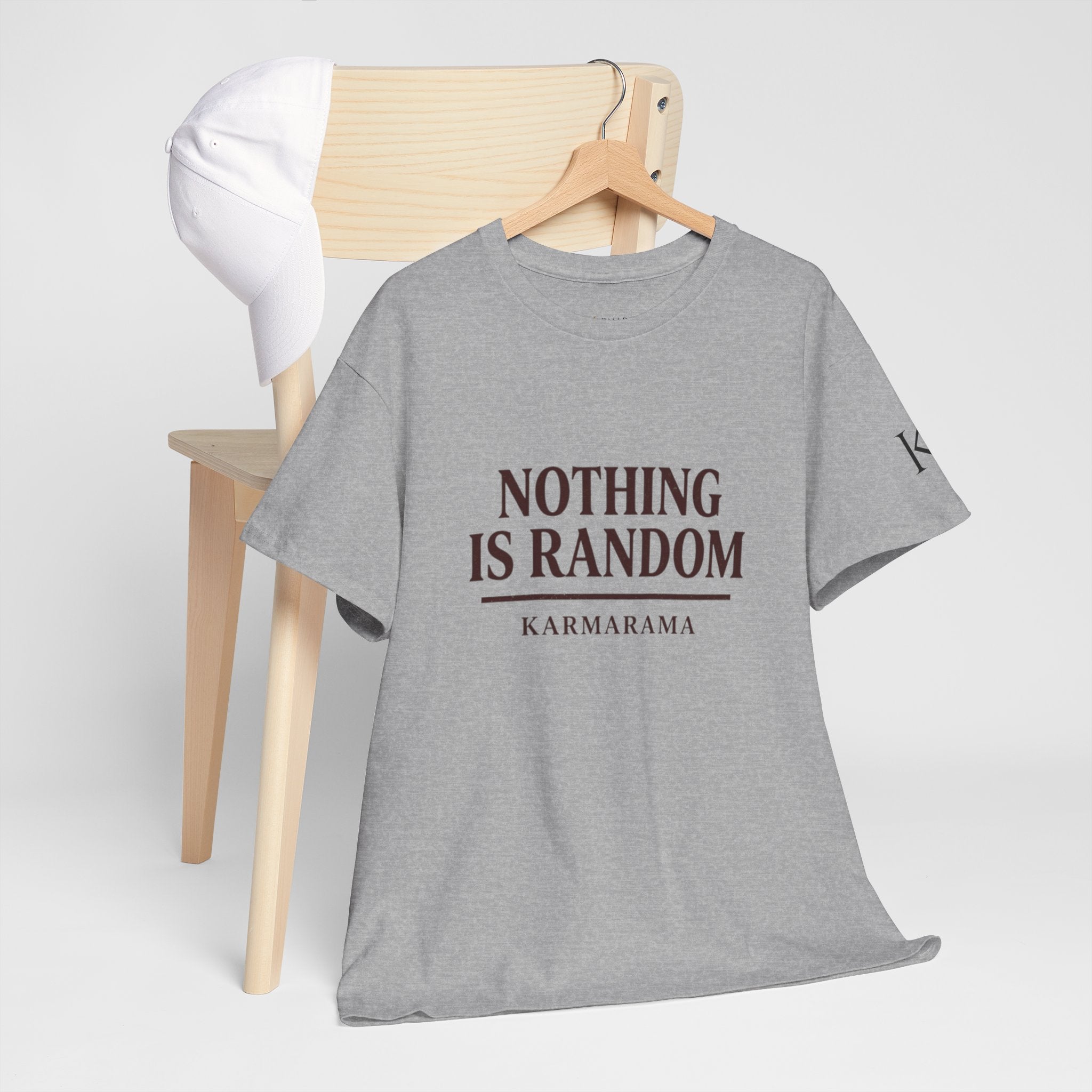 Karma quote "NOTHING IS RANDONM" unisex t-shirt by KARMARAMA. Available in 11 colors and 8 sizes. Premium organic cotton, ethically made. Trust the universe. Nothing is random."