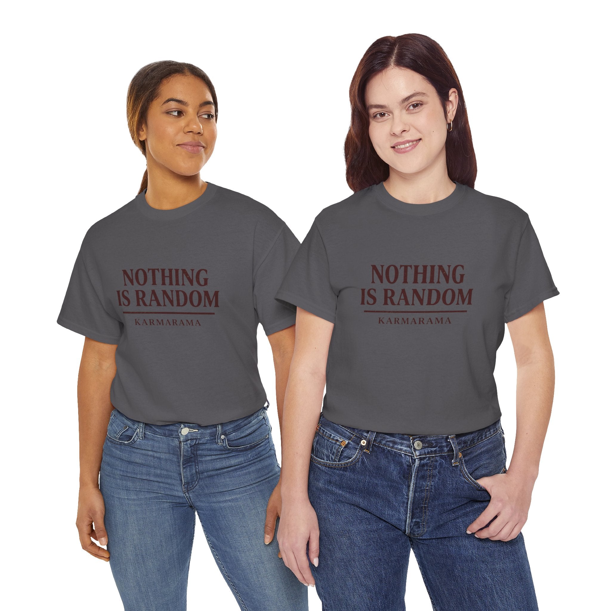 Karma quote "NOTHING IS RANDONM" unisex t-shirt by KARMARAMA. Available in 11 colors and 8 sizes. Premium organic cotton, ethically made. Trust the universe. Nothing is random."