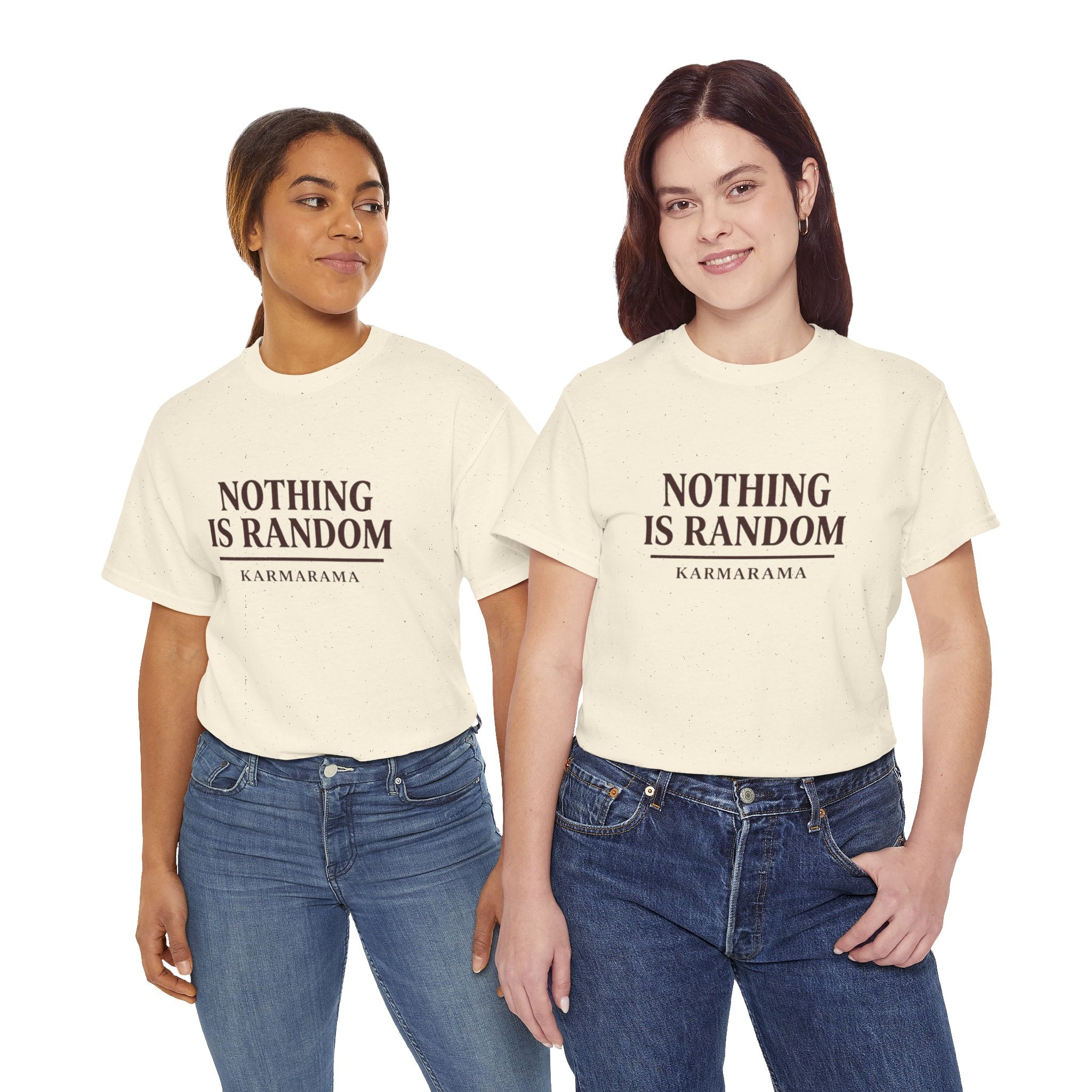 Karma quote "NOTHING IS RANDONM" unisex t-shirt by KARMARAMA. Available in 11 colors and 8 sizes. Premium organic cotton, ethically made. Trust the universe. Nothing is random."