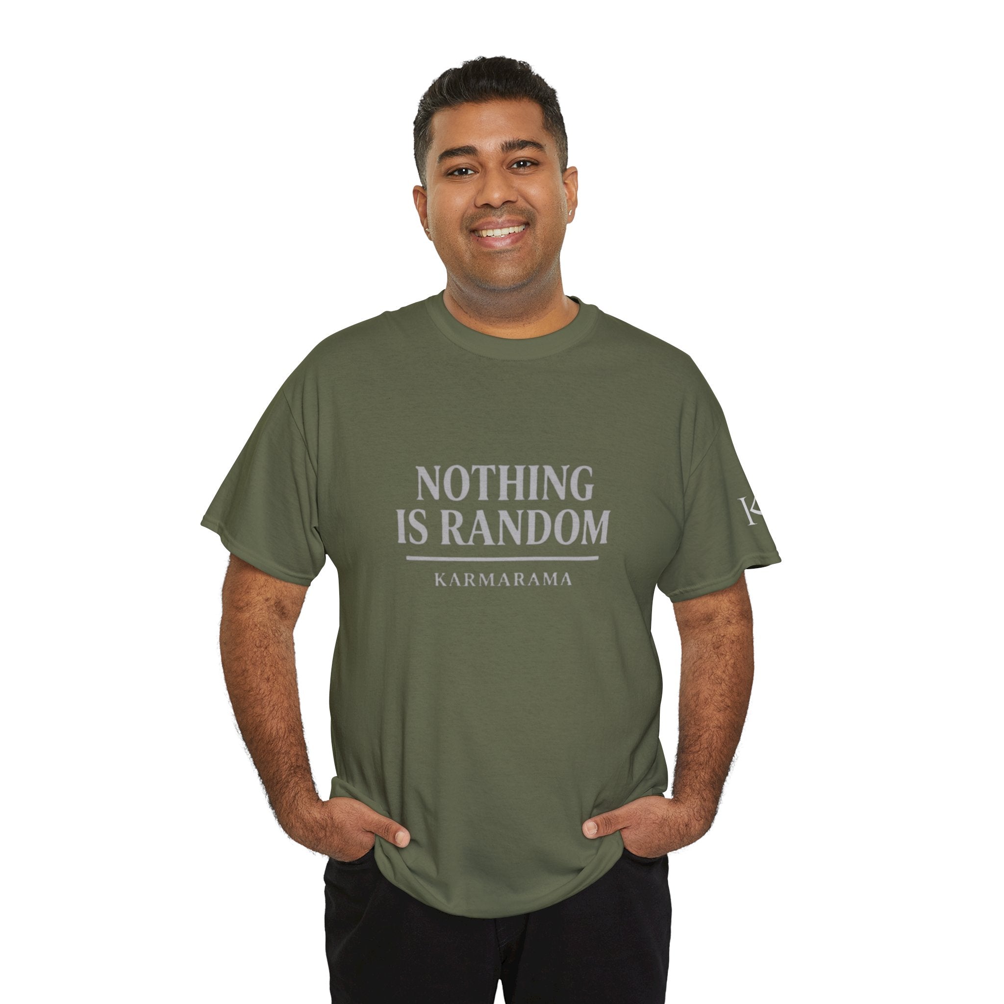 Karma quote "NOTHING IS RANDONM" unisex t-shirt by KARMARAMA. Available in 11 colors and 8 sizes. Premium organic cotton, ethically made. Trust the universe. Nothing is random."