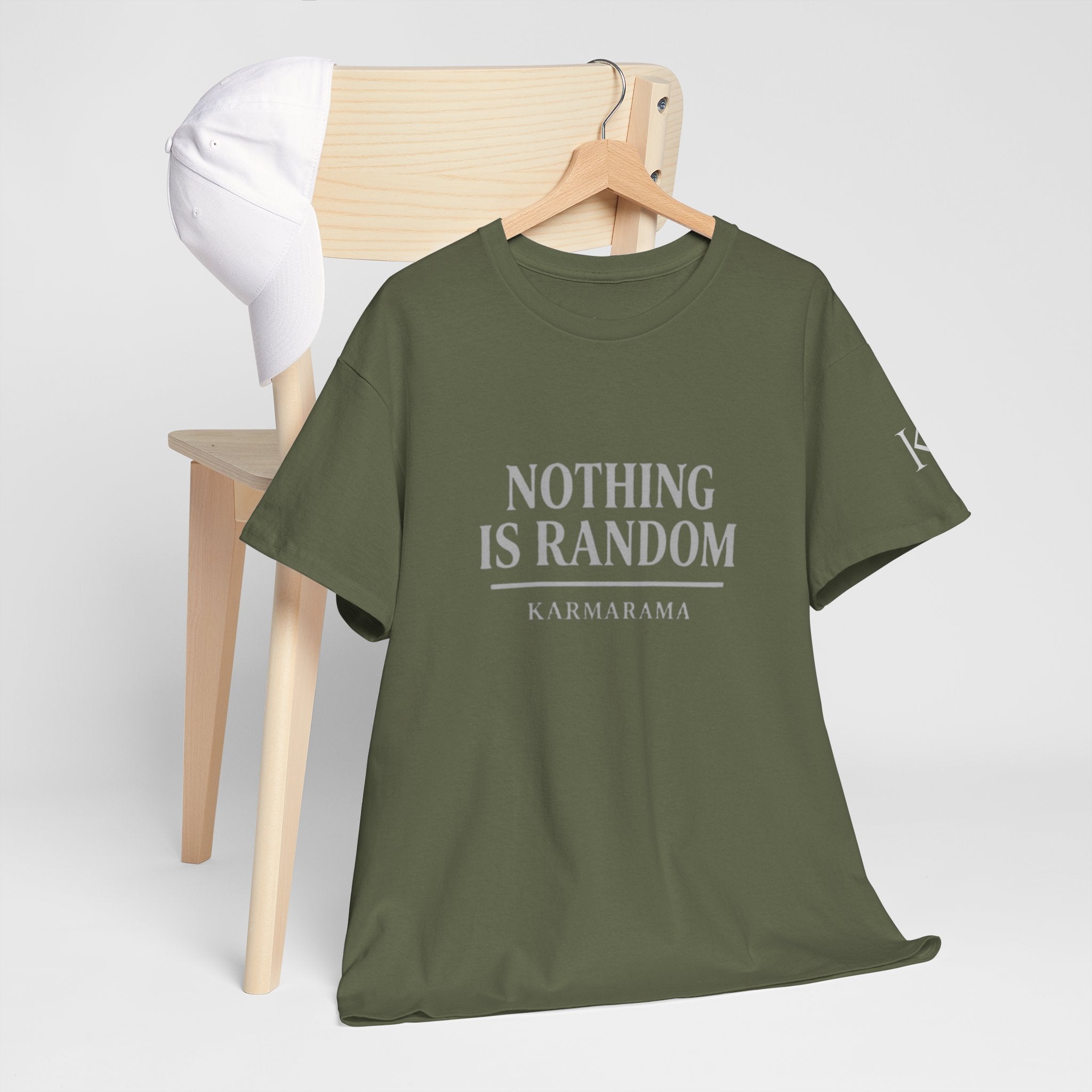 Karma quote "NOTHING IS RANDONM" unisex t-shirt by KARMARAMA. Available in 11 colors and 8 sizes. Premium organic cotton, ethically made. Trust the universe. Nothing is random."
