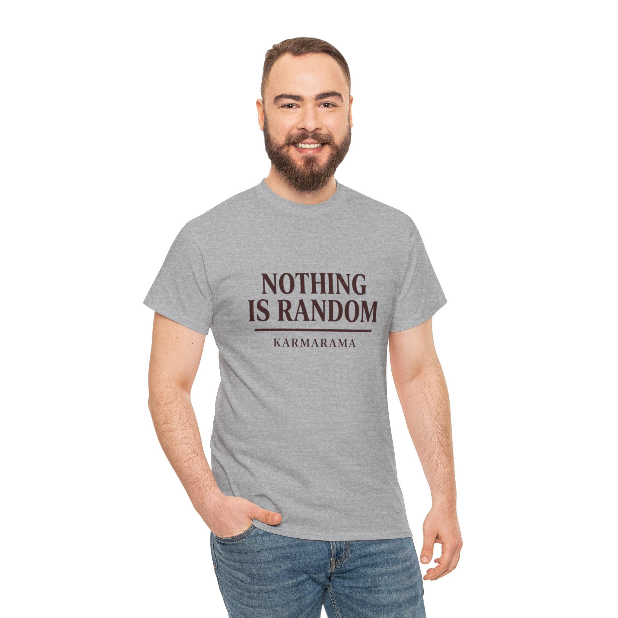 Karma quote "NOTHING IS RANDONM" unisex t-shirt by KARMARAMA. Available in 11 colors and 8 sizes. Premium organic cotton, ethically made. Trust the universe. Nothing is random."