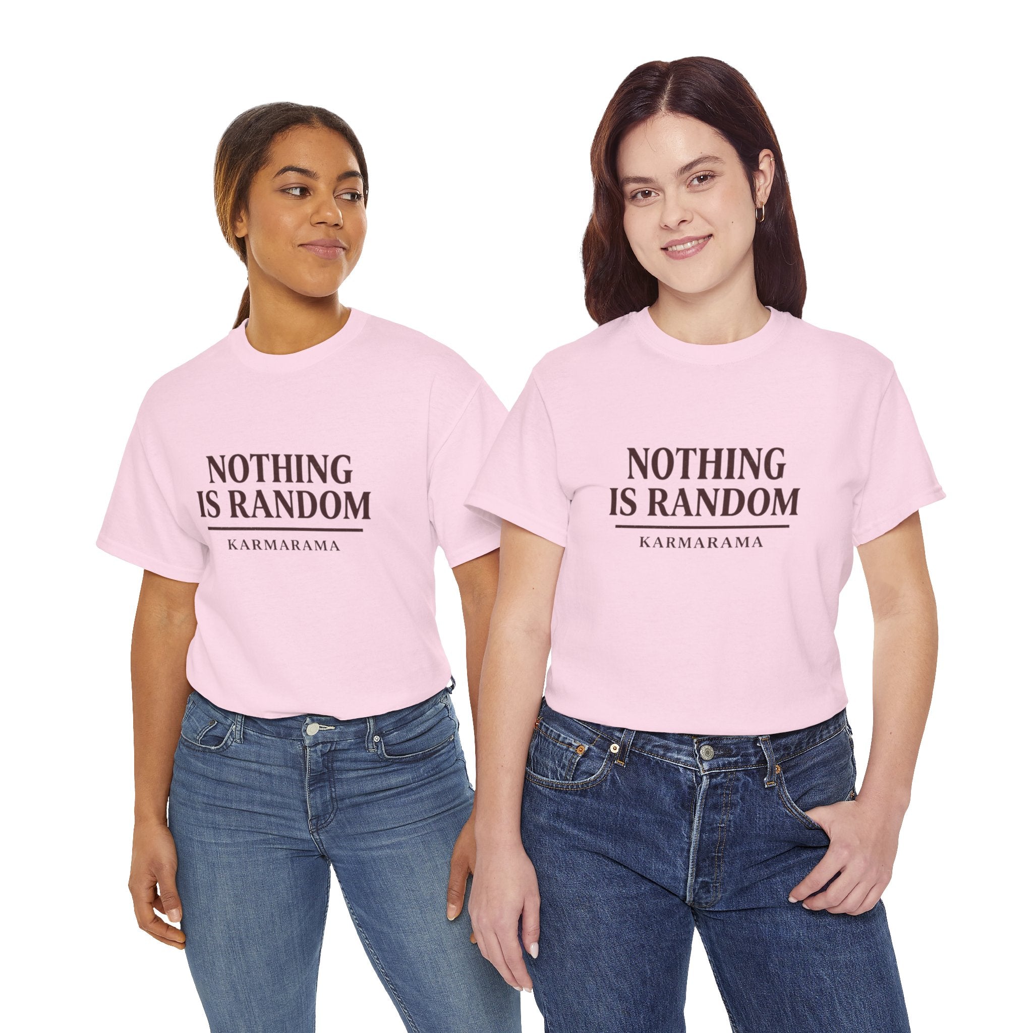 Karma quote "NOTHING IS RANDONM" unisex t-shirt by KARMARAMA. Available in 11 colors and 8 sizes. Premium organic cotton, ethically made. Trust the universe. Nothing is random."
