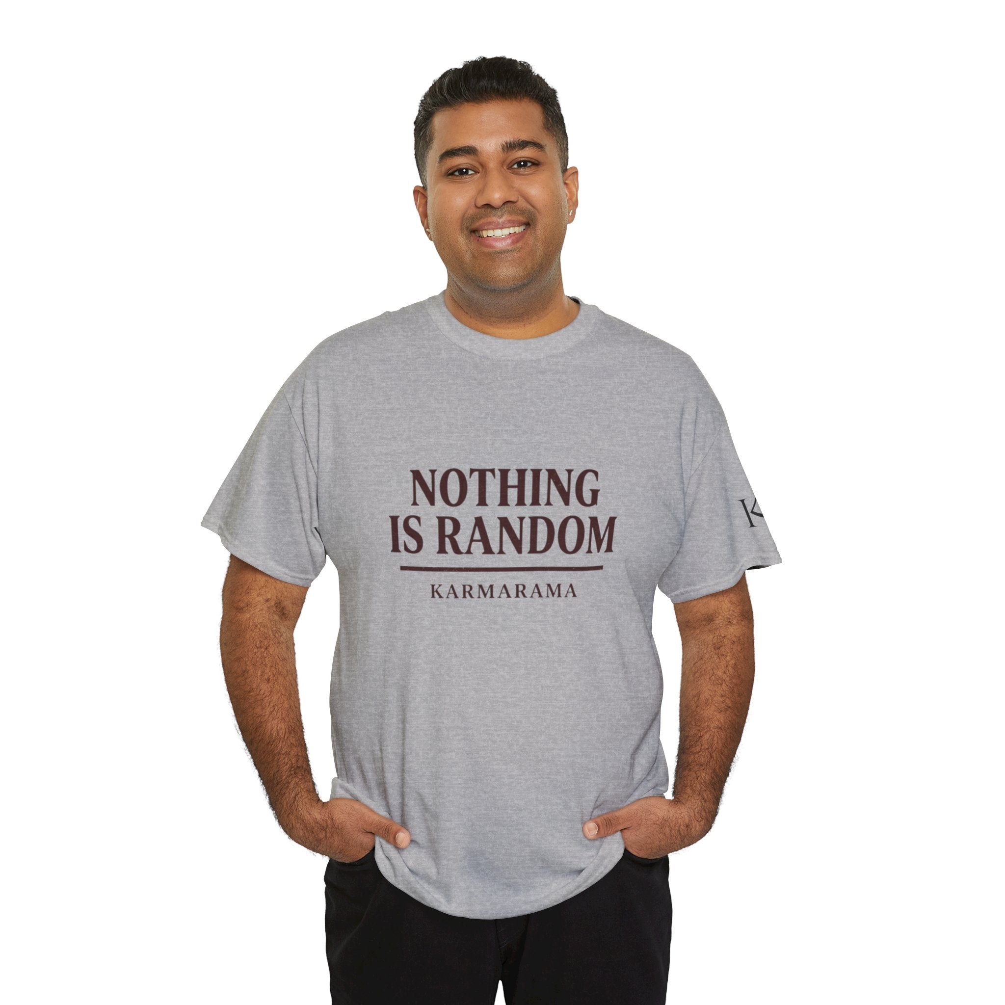 Karma quote "NOTHING IS RANDONM" unisex t-shirt by KARMARAMA. Available in 11 colors and 8 sizes. Premium organic cotton, ethically made. Trust the universe. Nothing is random."