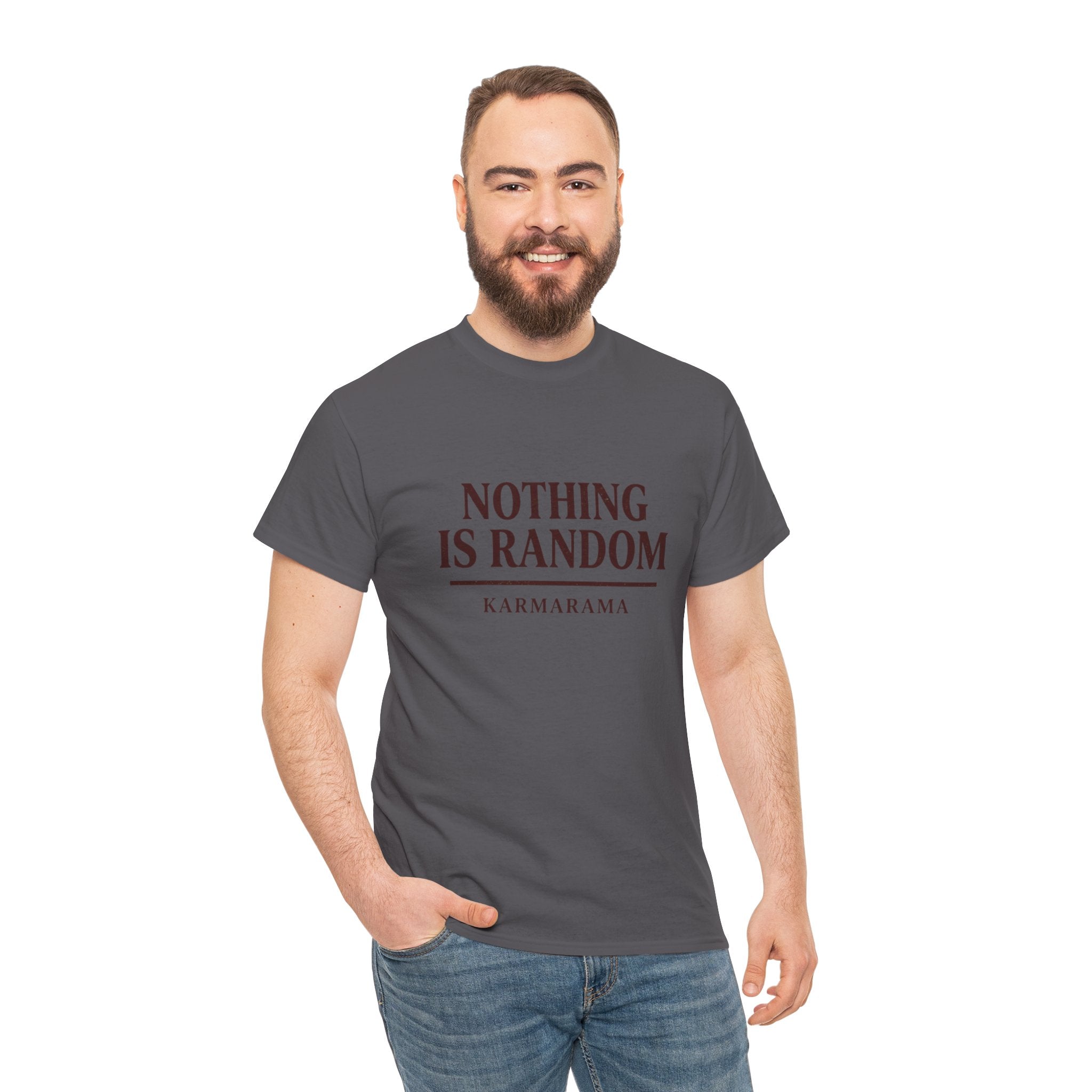 Karma quote "NOTHING IS RANDONM" unisex t-shirt by KARMARAMA. Available in 11 colors and 8 sizes. Premium organic cotton, ethically made. Trust the universe. Nothing is random."
