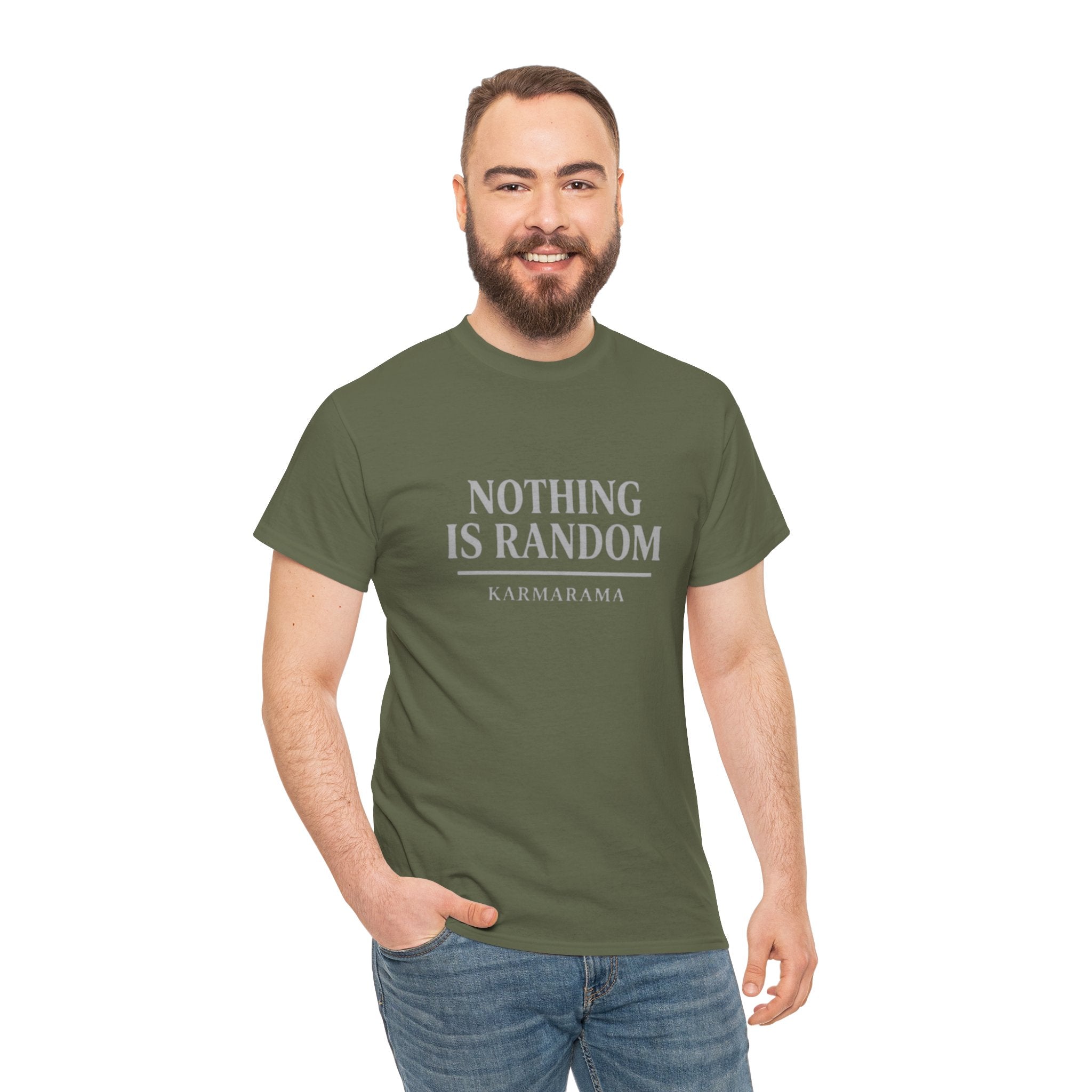Karma quote "NOTHING IS RANDONM" unisex t-shirt by KARMARAMA. Available in 11 colors and 8 sizes. Premium organic cotton, ethically made. Trust the universe. Nothing is random."