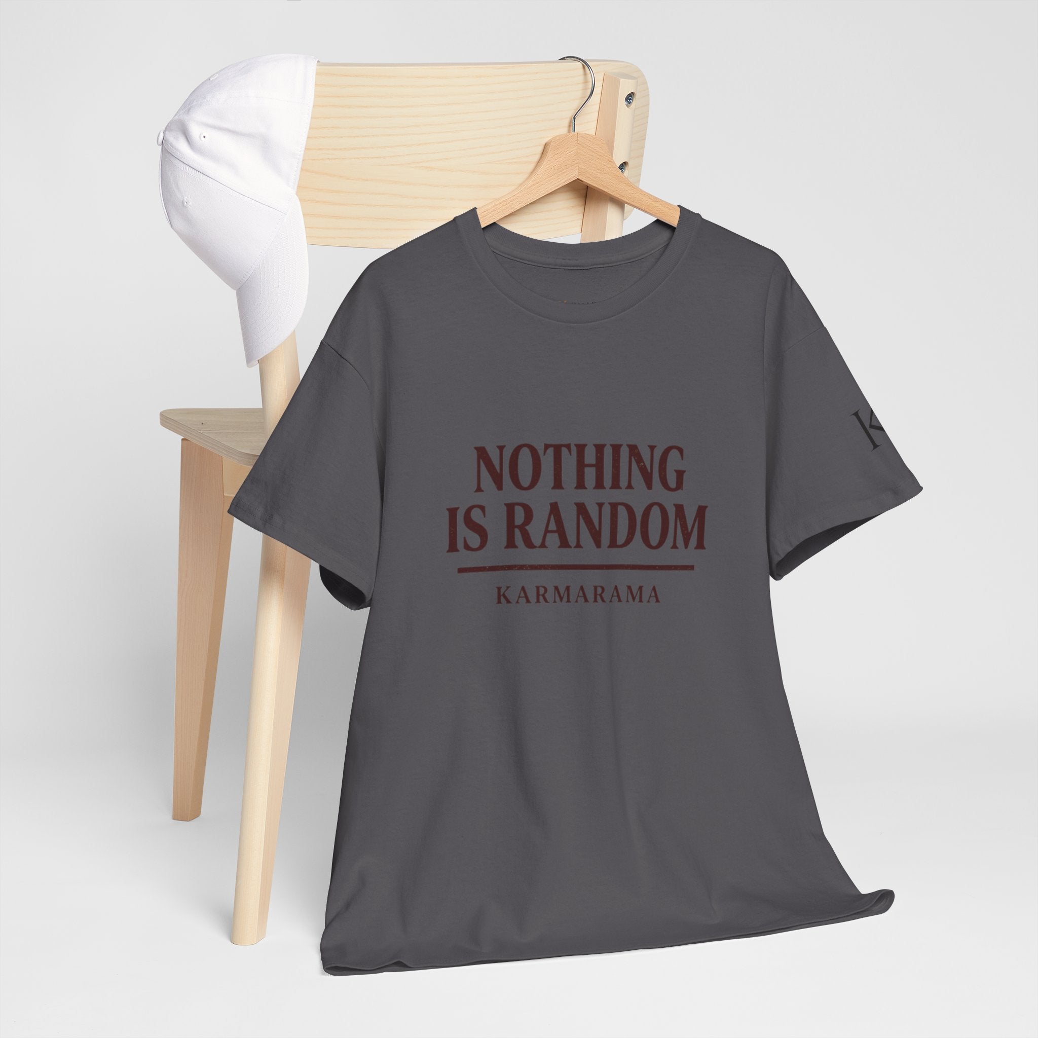 Karma quote "NOTHING IS RANDONM" unisex t-shirt by KARMARAMA. Available in 11 colors and 8 sizes. Premium organic cotton, ethically made. Trust the universe. Nothing is random."