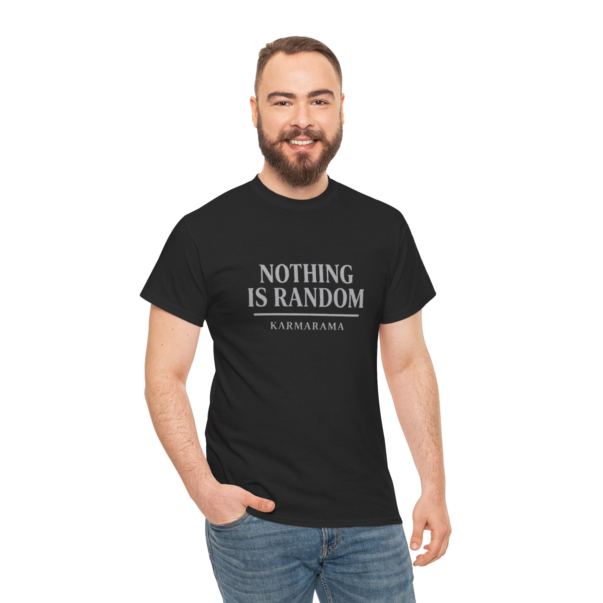 Karma quote "NOTHING IS RANDONM" unisex t-shirt by KARMARAMA. Available in 11 colors and 8 sizes. Premium organic cotton, ethically made. Trust the universe. Nothing is random."