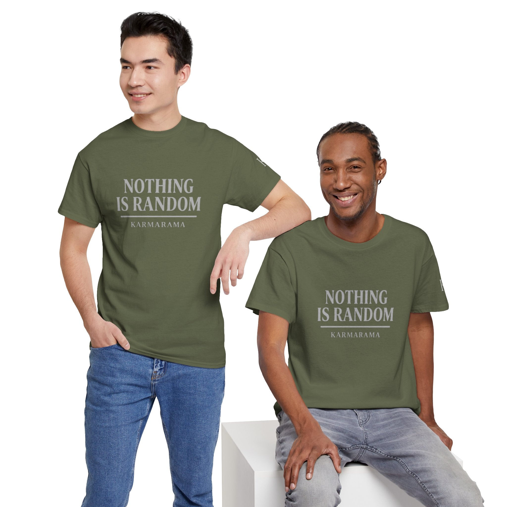 Karma quote "NOTHING IS RANDONM" unisex t-shirt by KARMARAMA. Available in 11 colors and 8 sizes. Premium organic cotton, ethically made. Trust the universe. Nothing is random."