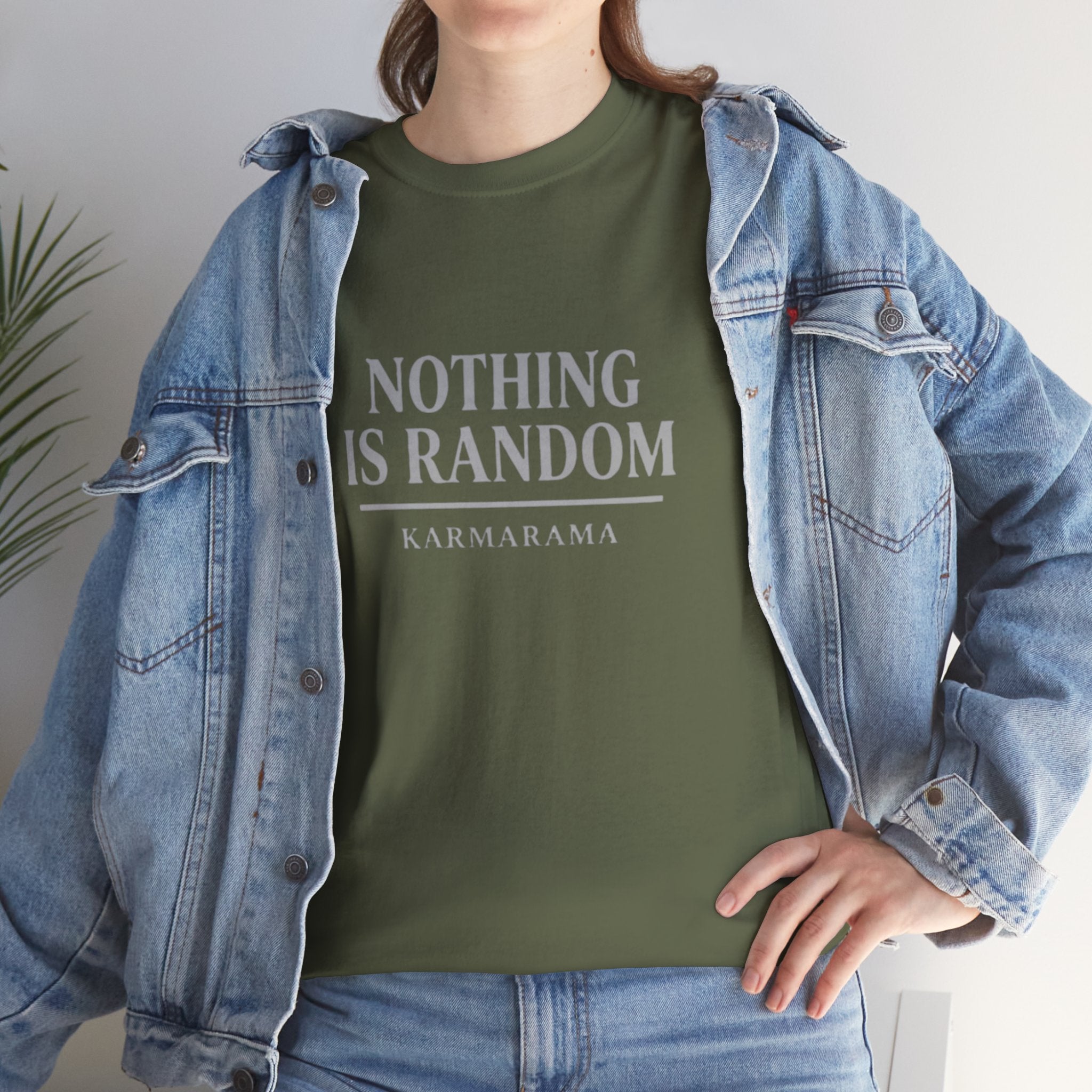 Karma quote "NOTHING IS RANDONM" unisex t-shirt by KARMARAMA. Available in 11 colors and 8 sizes. Premium organic cotton, ethically made. Trust the universe. Nothing is random."