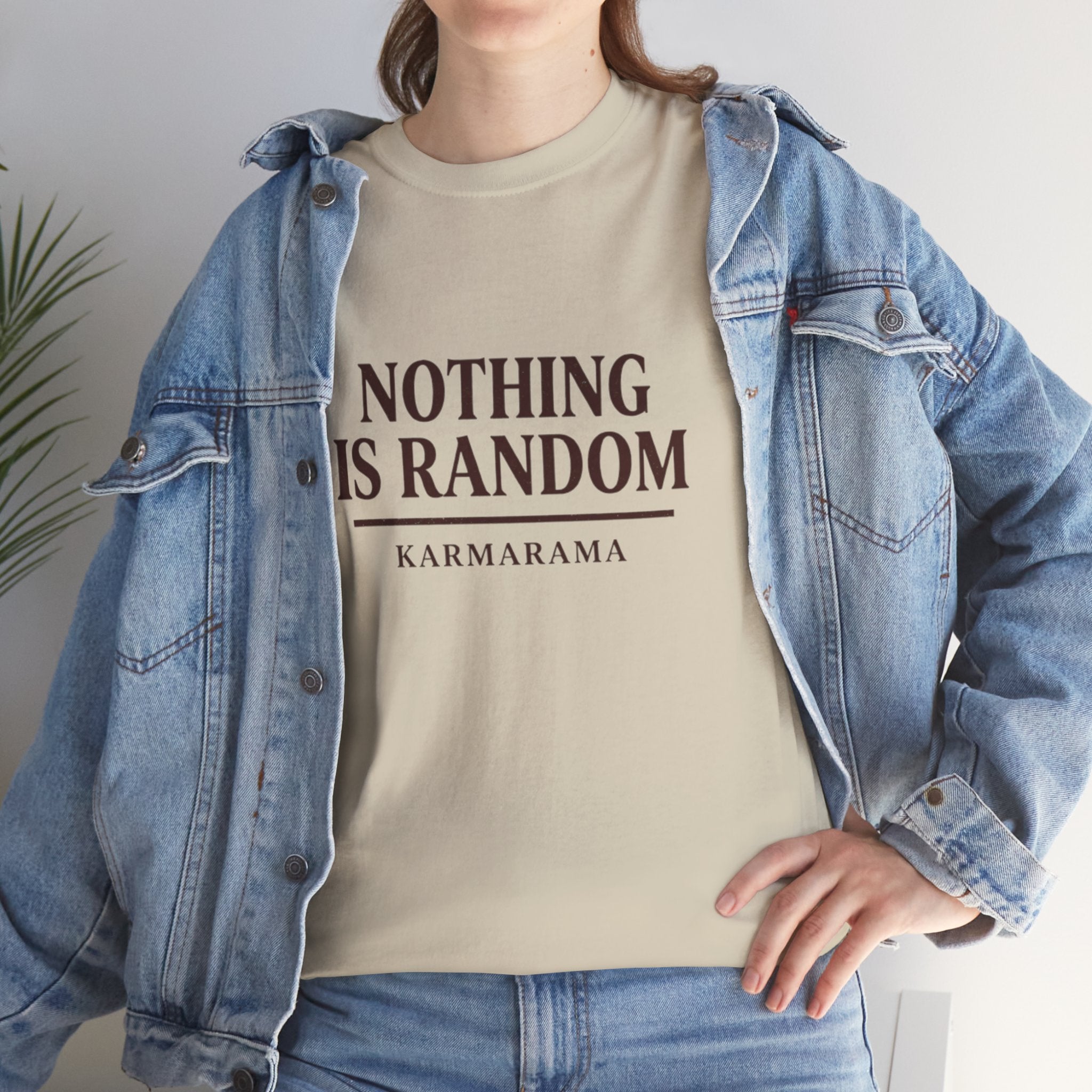 Karma quote "NOTHING IS RANDONM" unisex t-shirt by KARMARAMA. Available in 11 colors and 8 sizes. Premium organic cotton, ethically made. Trust the universe. Nothing is random."