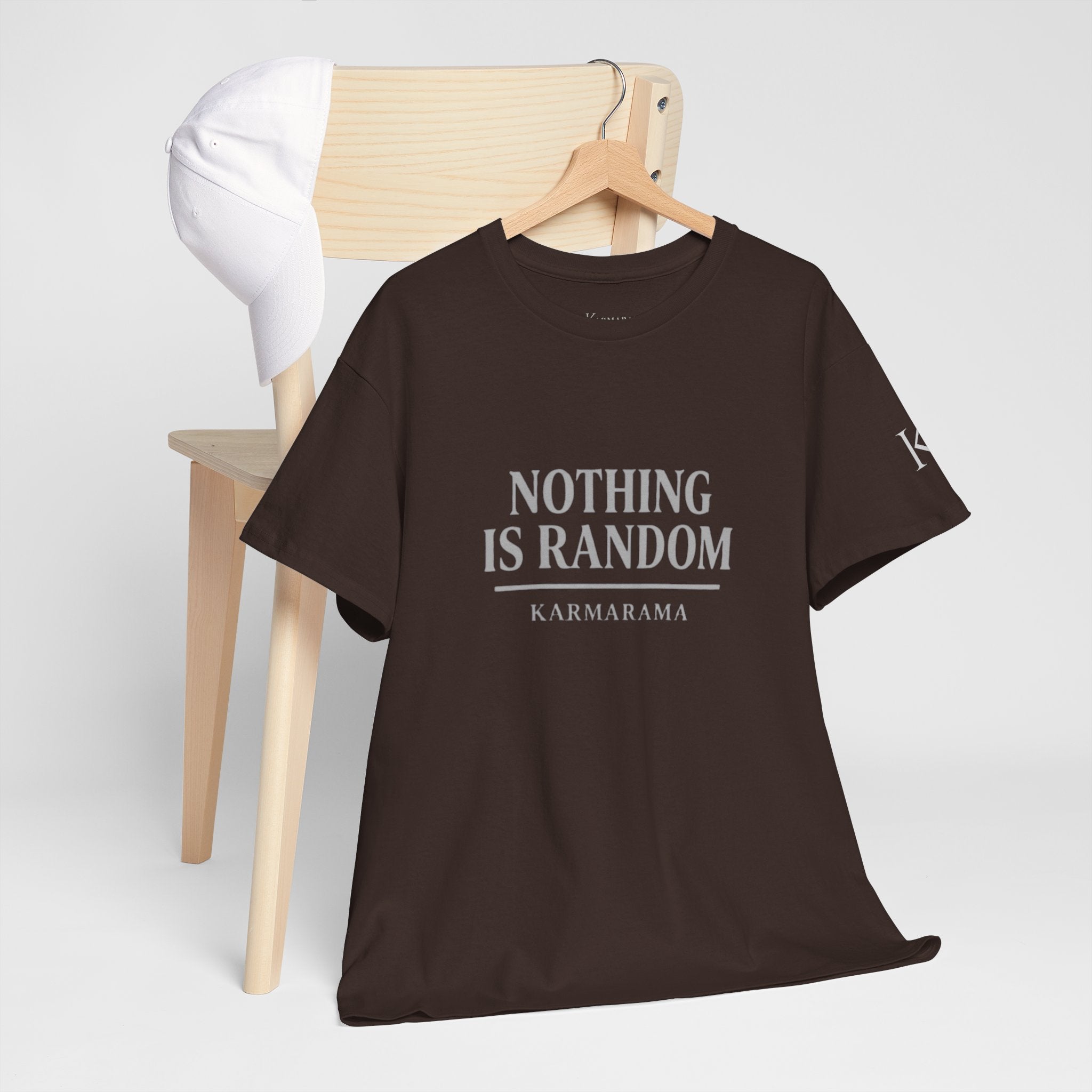 Karma quote "NOTHING IS RANDONM" unisex t-shirt by KARMARAMA. Available in 11 colors and 8 sizes. Premium organic cotton, ethically made. Trust the universe. Nothing is random."