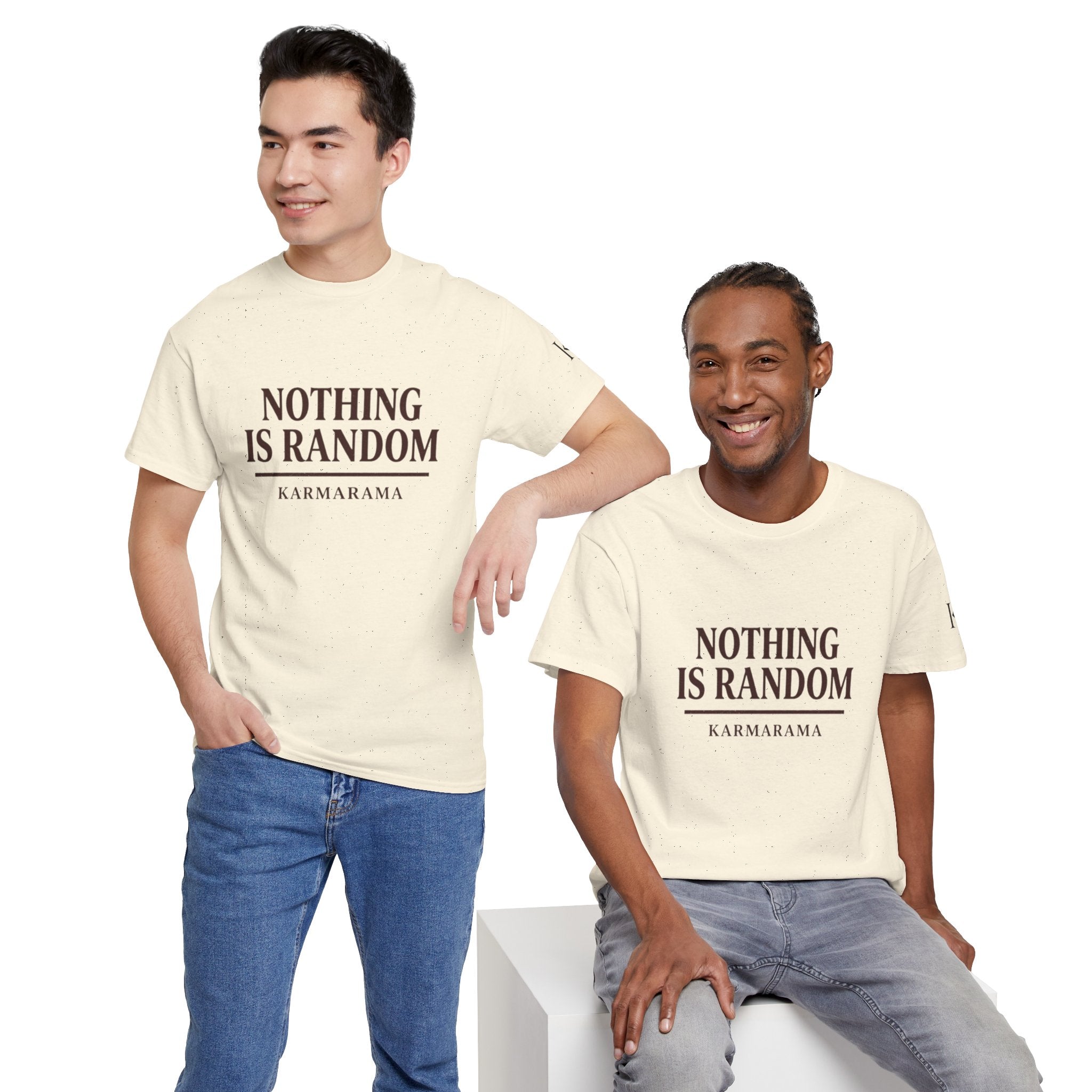 Karma quote "NOTHING IS RANDONM" unisex t-shirt by KARMARAMA. Available in 11 colors and 8 sizes. Premium organic cotton, ethically made. Trust the universe. Nothing is random."