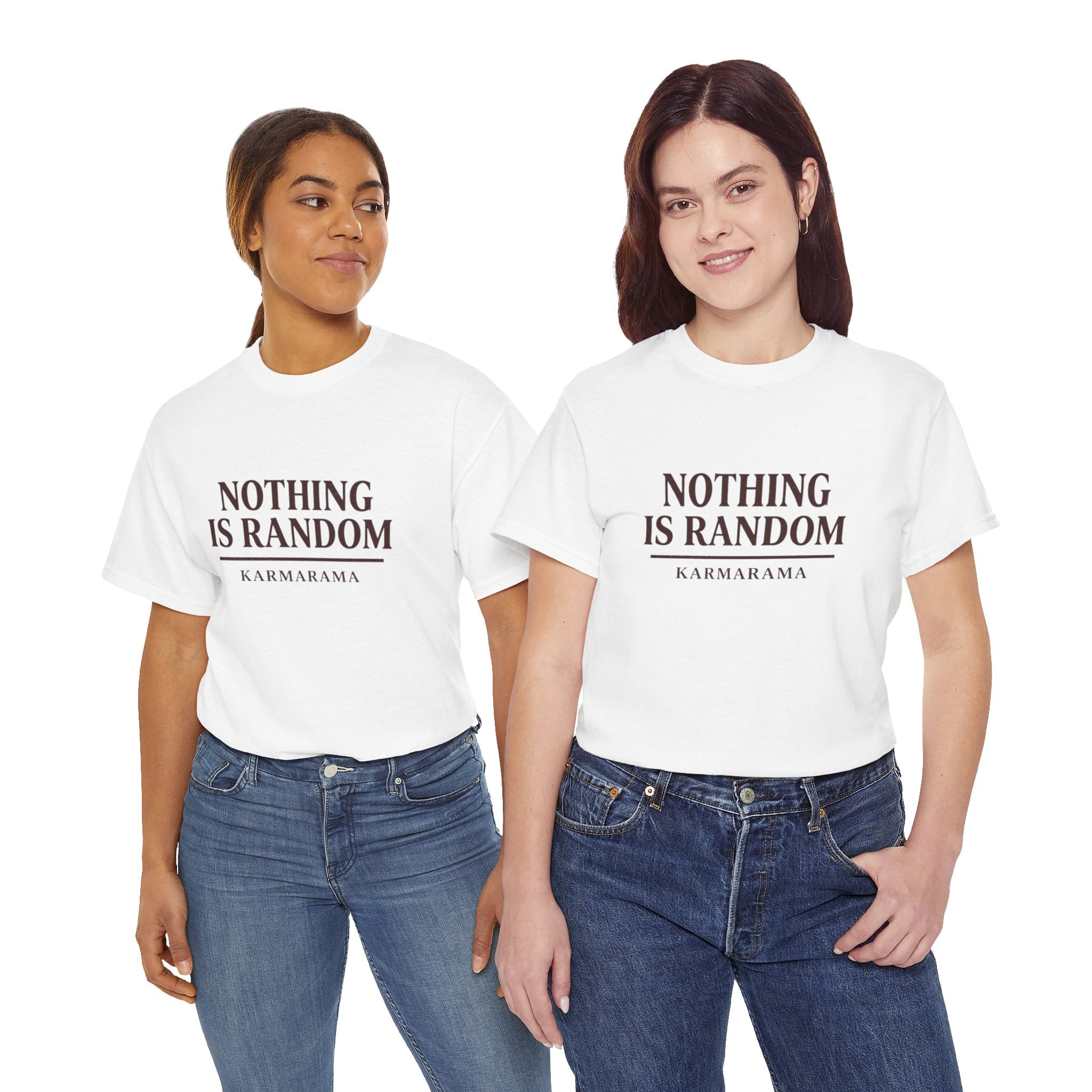 Karma quote "NOTHING IS RANDONM" unisex t-shirt by KARMARAMA. Available in 11 colors and 8 sizes. Premium organic cotton, ethically made. Trust the universe. Nothing is random."
