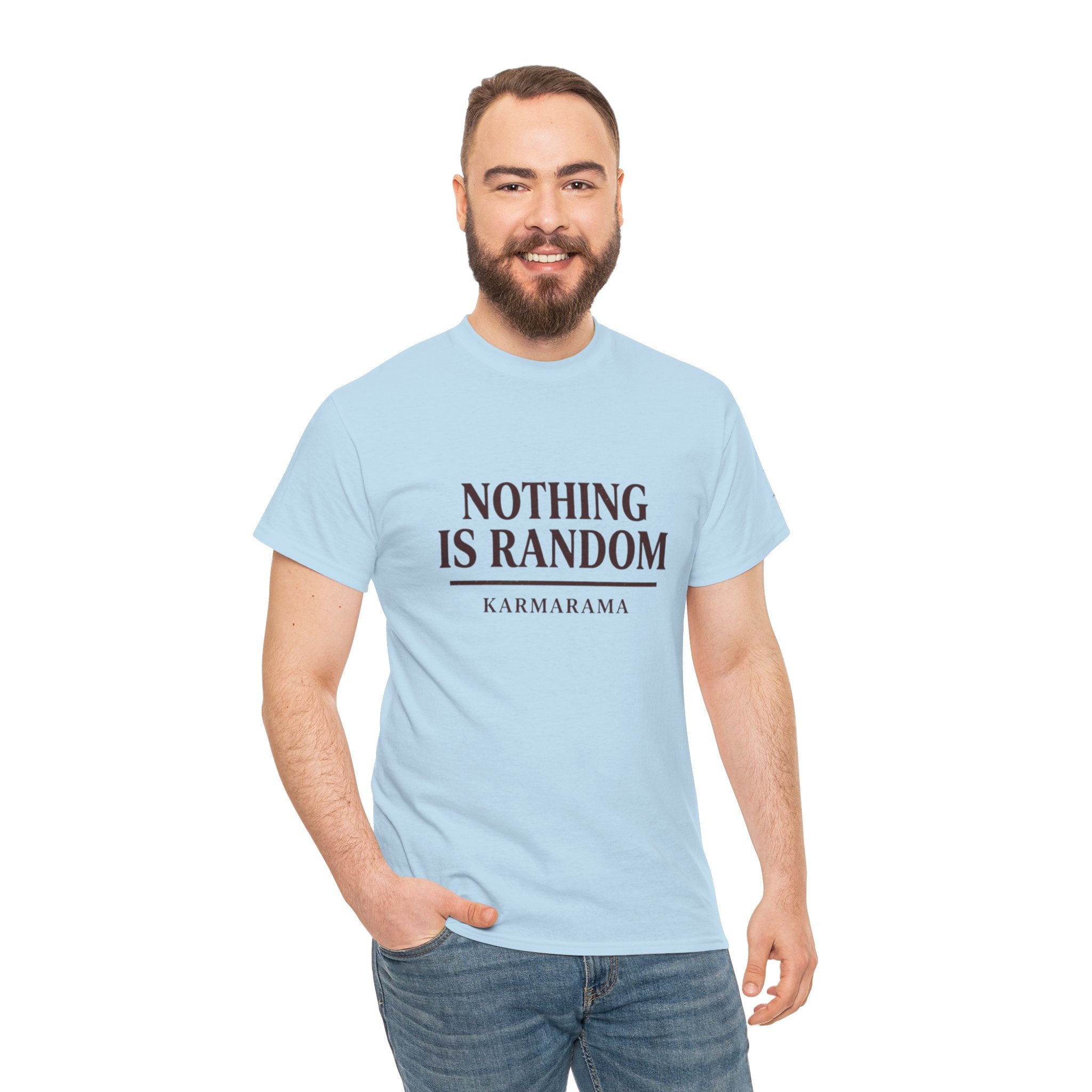 Karma quote "NOTHING IS RANDONM" unisex t-shirt by KARMARAMA. Available in 11 colors and 8 sizes. Premium organic cotton, ethically made. Trust the universe. Nothing is random."