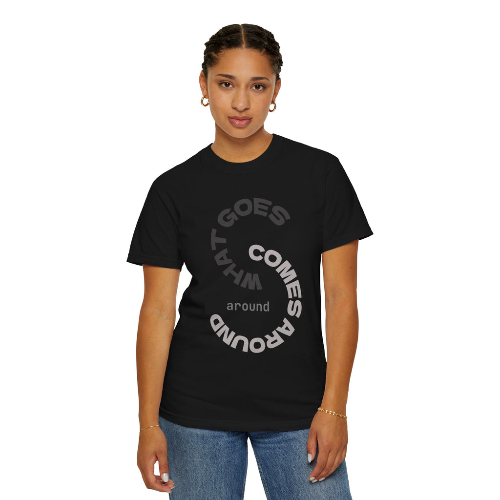 "WHAT GOES AROUND COMES AROUND" A Karma slogan about HOW PEOPLE TREAT YOU by KARMARAMA Premium Street Wear Unisex T-shirt