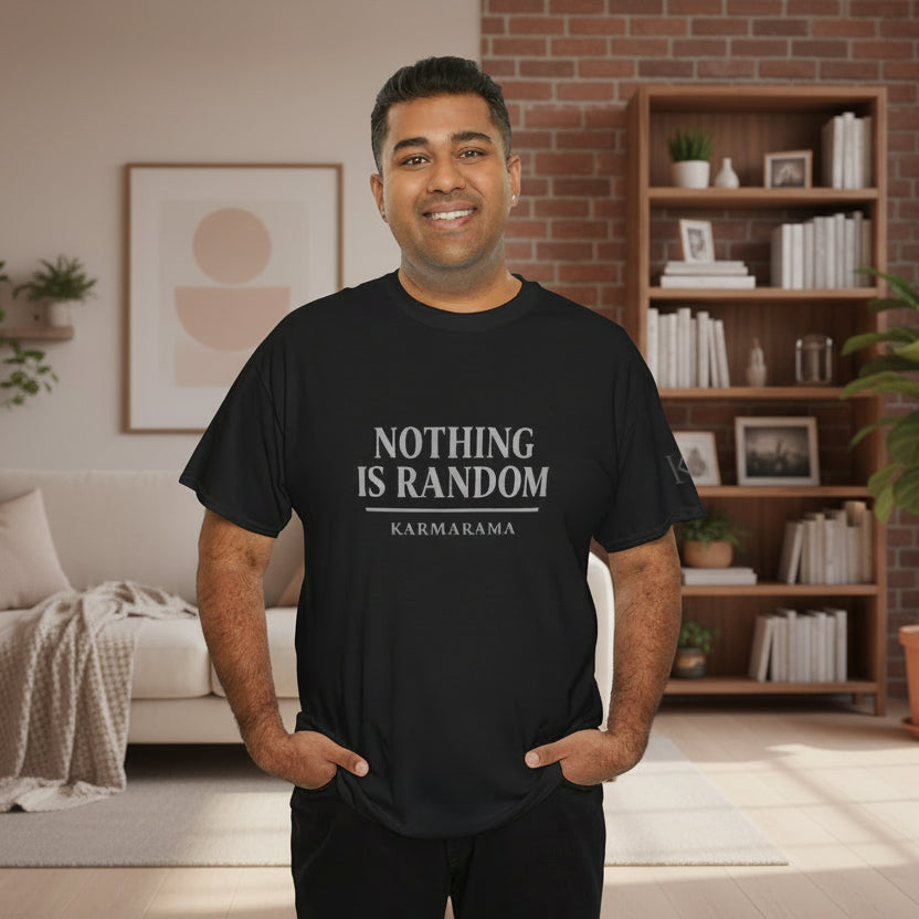Karma quote "NOTHING IS RANDONM" unisex t-shirt by KARMARAMA. Available in 11 colors and 8 sizes. Premium organic cotton, ethically made. Trust the universe. Nothing is random."