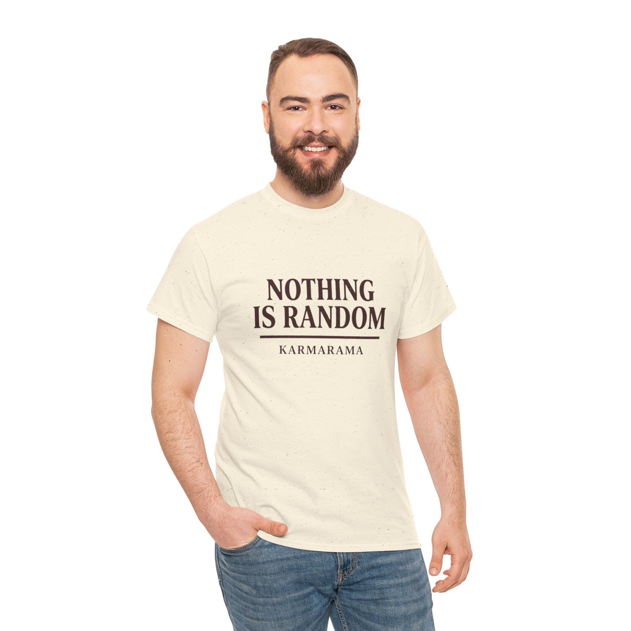 Karma quote "NOTHING IS RANDONM" unisex t-shirt by KARMARAMA. Available in 11 colors and 8 sizes. Premium organic cotton, ethically made. Trust the universe. Nothing is random."