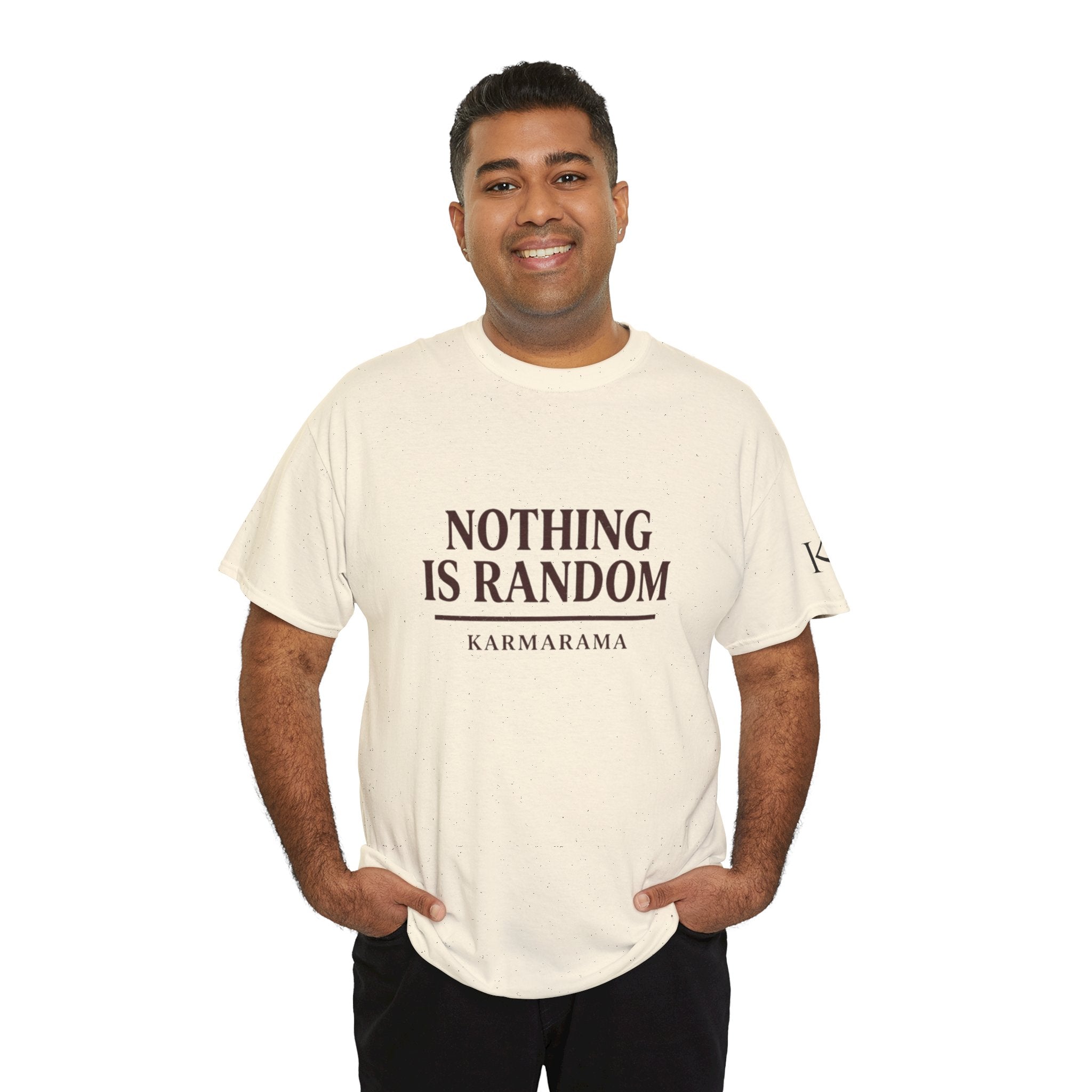 Karma quote "NOTHING IS RANDONM" unisex t-shirt by KARMARAMA. Available in 11 colors and 8 sizes. Premium organic cotton, ethically made. Trust the universe. Nothing is random."