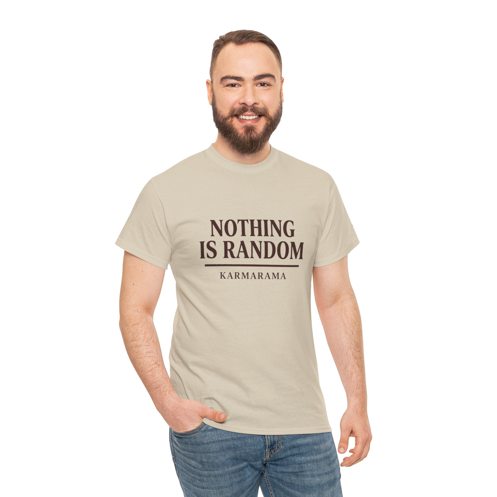 Karma quote "NOTHING IS RANDONM" unisex t-shirt by KARMARAMA. Available in 11 colors and 8 sizes. Premium organic cotton, ethically made. Trust the universe. Nothing is random."