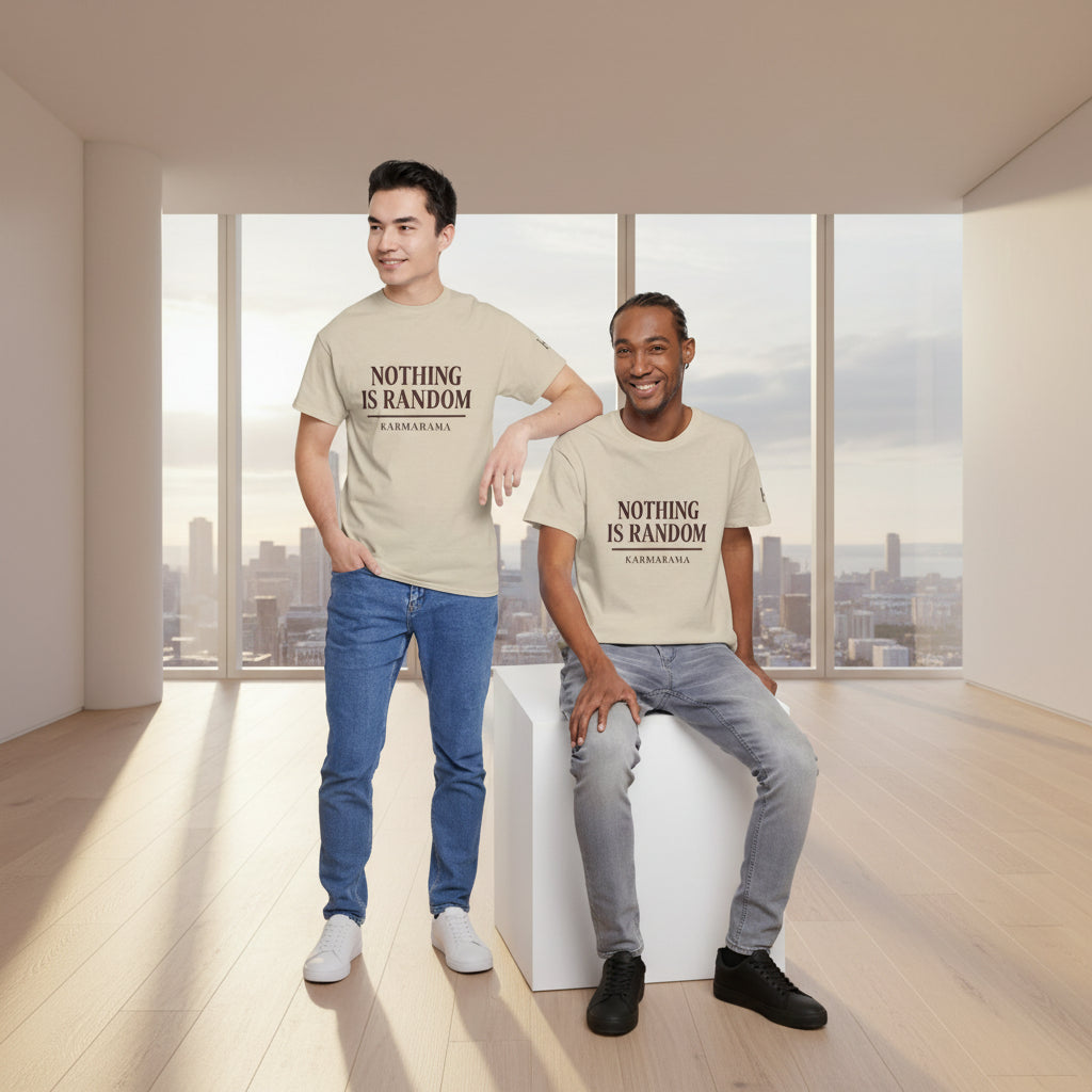 Two people wearing beige t-shirts with a humorous message and graphic on a white background.
