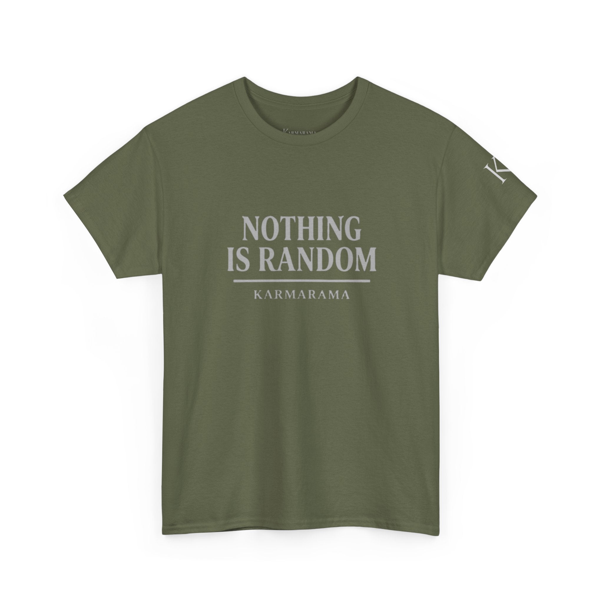 Karma quote "NOTHING IS RANDONM" unisex t-shirt by KARMARAMA. Available in 11 colors and 8 sizes. Premium organic cotton, ethically made. Trust the universe. Nothing is random."