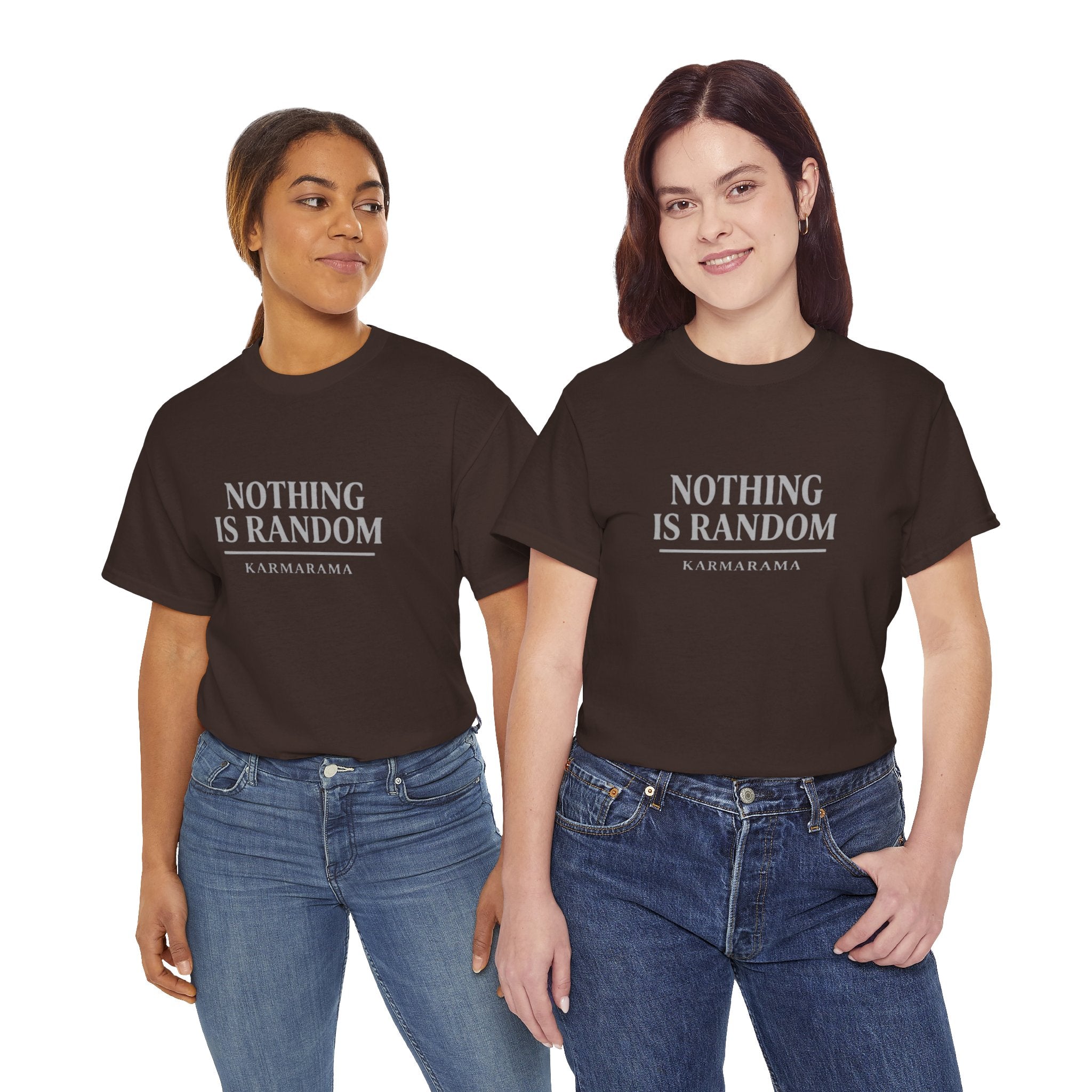 Karma quote "NOTHING IS RANDONM" unisex t-shirt by KARMARAMA. Available in 11 colors and 8 sizes. Premium organic cotton, ethically made. Trust the universe. Nothing is random."