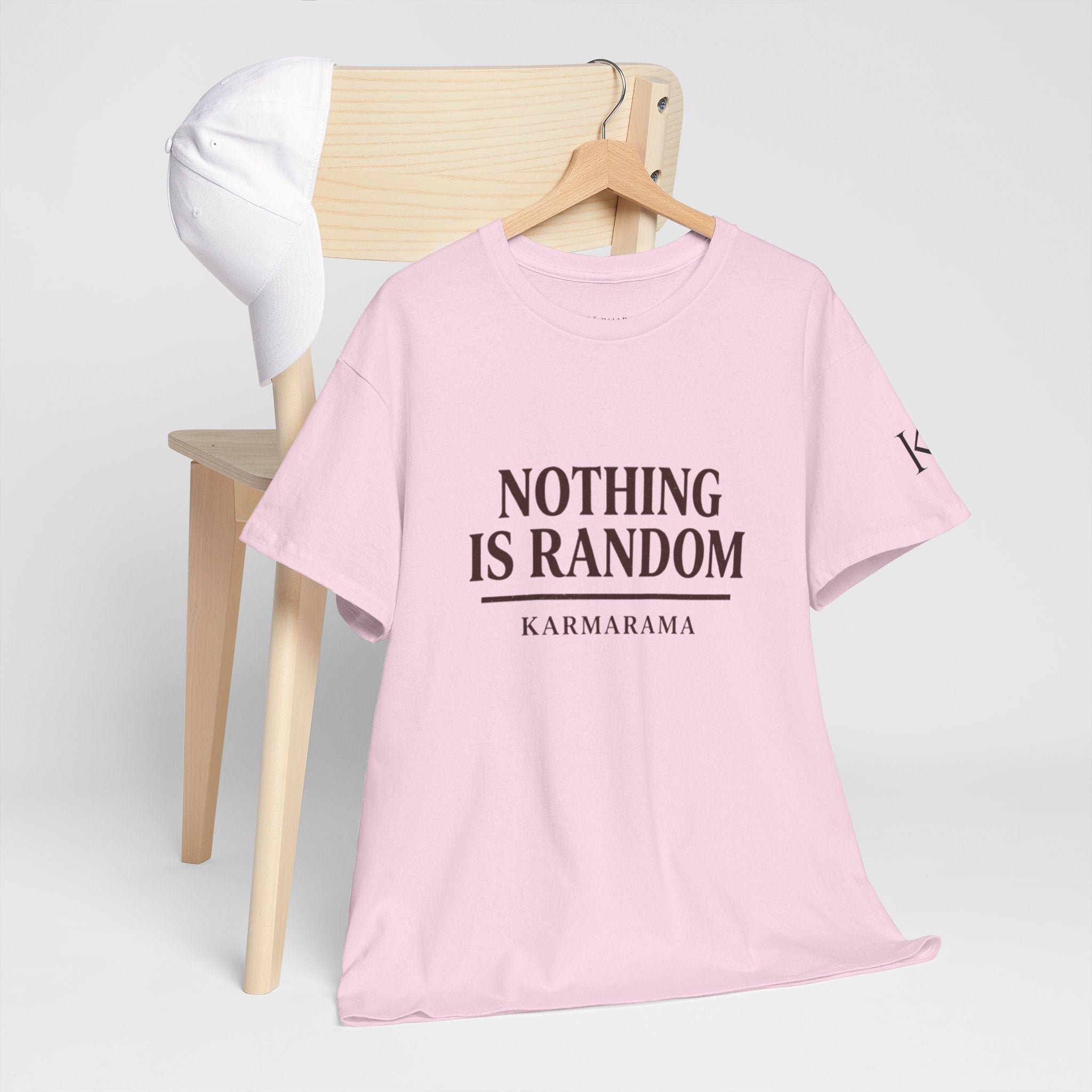 Karma quote "NOTHING IS RANDONM" unisex t-shirt by KARMARAMA. Available in 11 colors and 8 sizes. Premium organic cotton, ethically made. Trust the universe. Nothing is random."