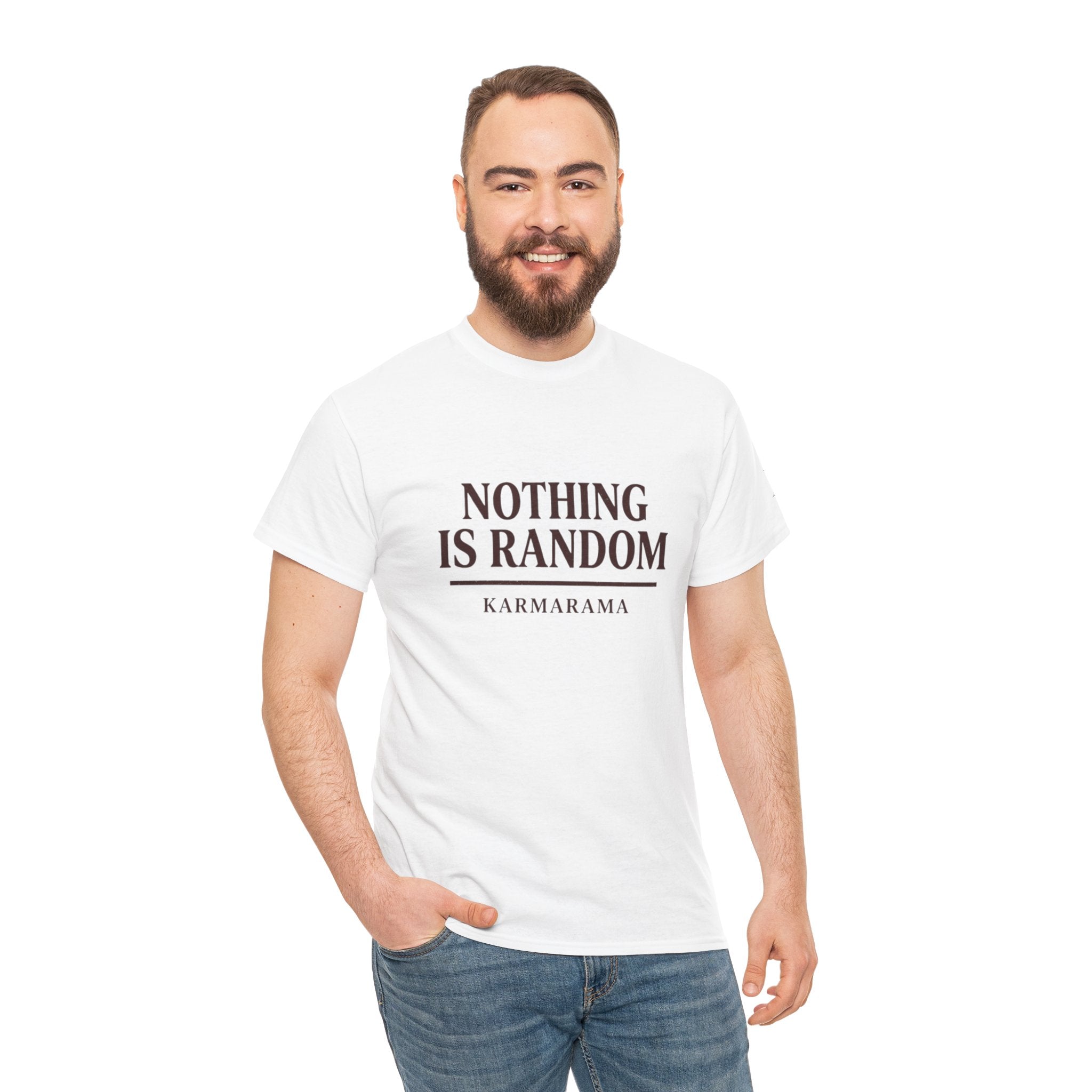 Karma quote "NOTHING IS RANDONM" unisex t-shirt by KARMARAMA. Available in 11 colors and 8 sizes. Premium organic cotton, ethically made. Trust the universe. Nothing is random."