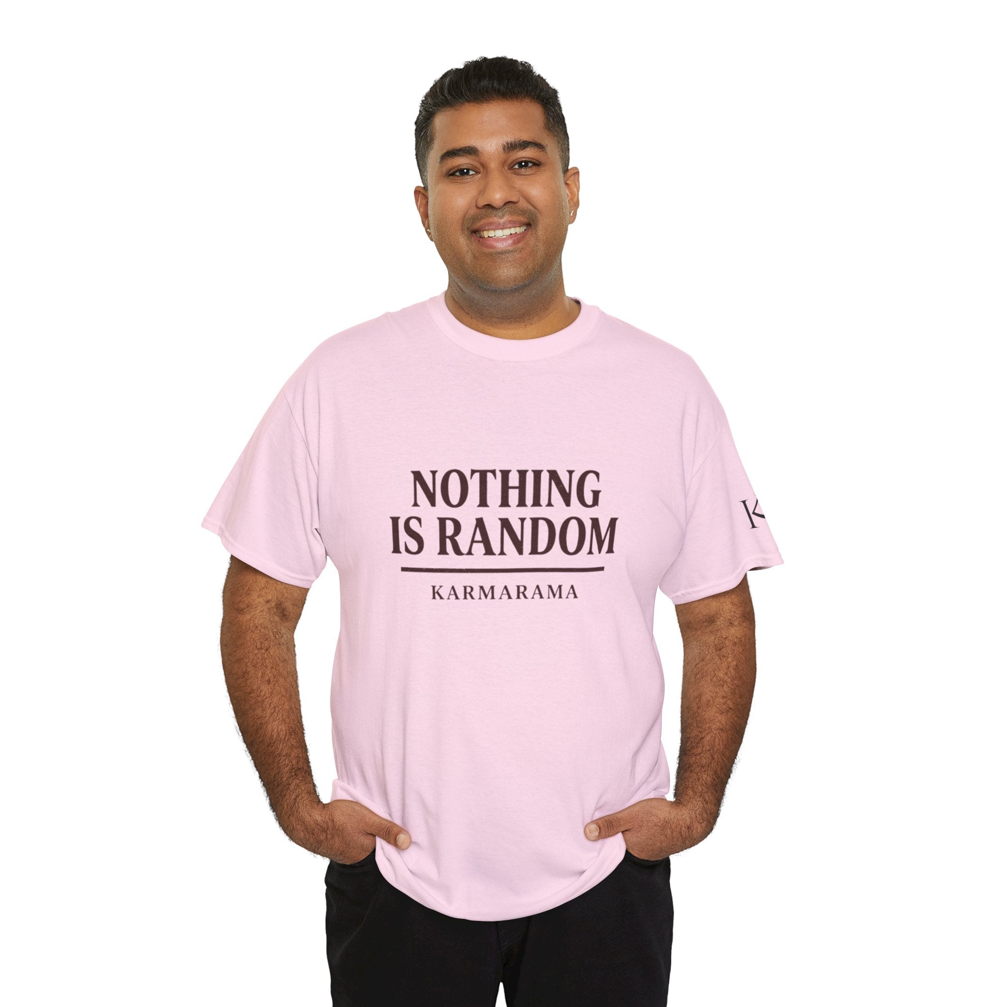Karma quote "NOTHING IS RANDONM" unisex t-shirt by KARMARAMA. Available in 11 colors and 8 sizes. Premium organic cotton, ethically made. Trust the universe. Nothing is random."