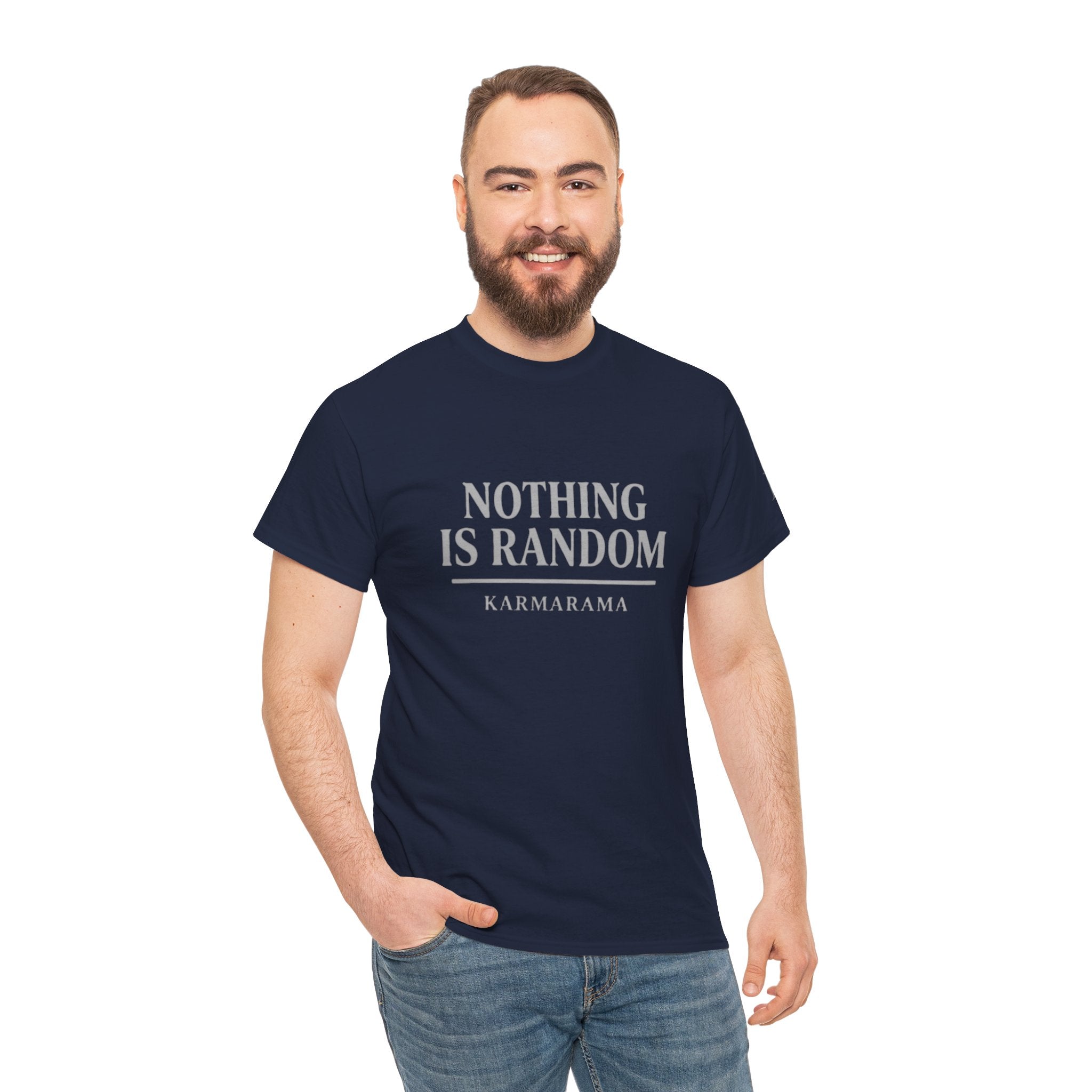 Karma quote "NOTHING IS RANDONM" unisex t-shirt by KARMARAMA. Available in 11 colors and 8 sizes. Premium organic cotton, ethically made. Trust the universe. Nothing is random."