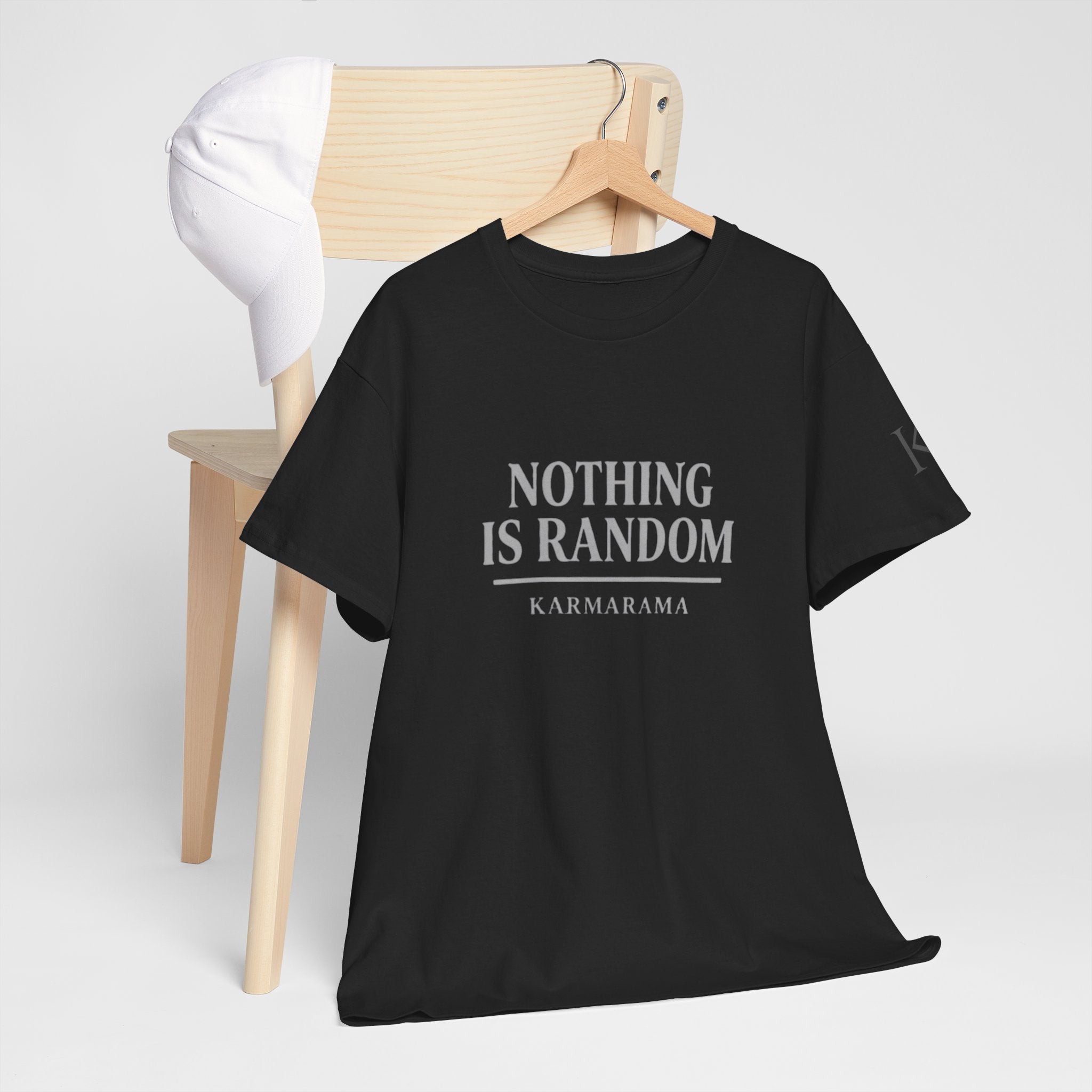 Karma quote "NOTHING IS RANDONM" unisex t-shirt by KARMARAMA. Available in 11 colors and 8 sizes. Premium organic cotton, ethically made. Trust the universe. Nothing is random."