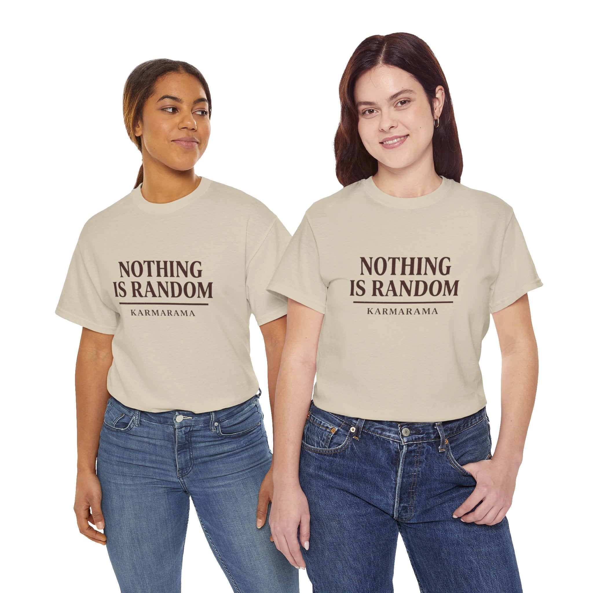 Karma quote "NOTHING IS RANDONM" unisex t-shirt by KARMARAMA. Available in 11 colors and 8 sizes. Premium organic cotton, ethically made. Trust the universe. Nothing is random."