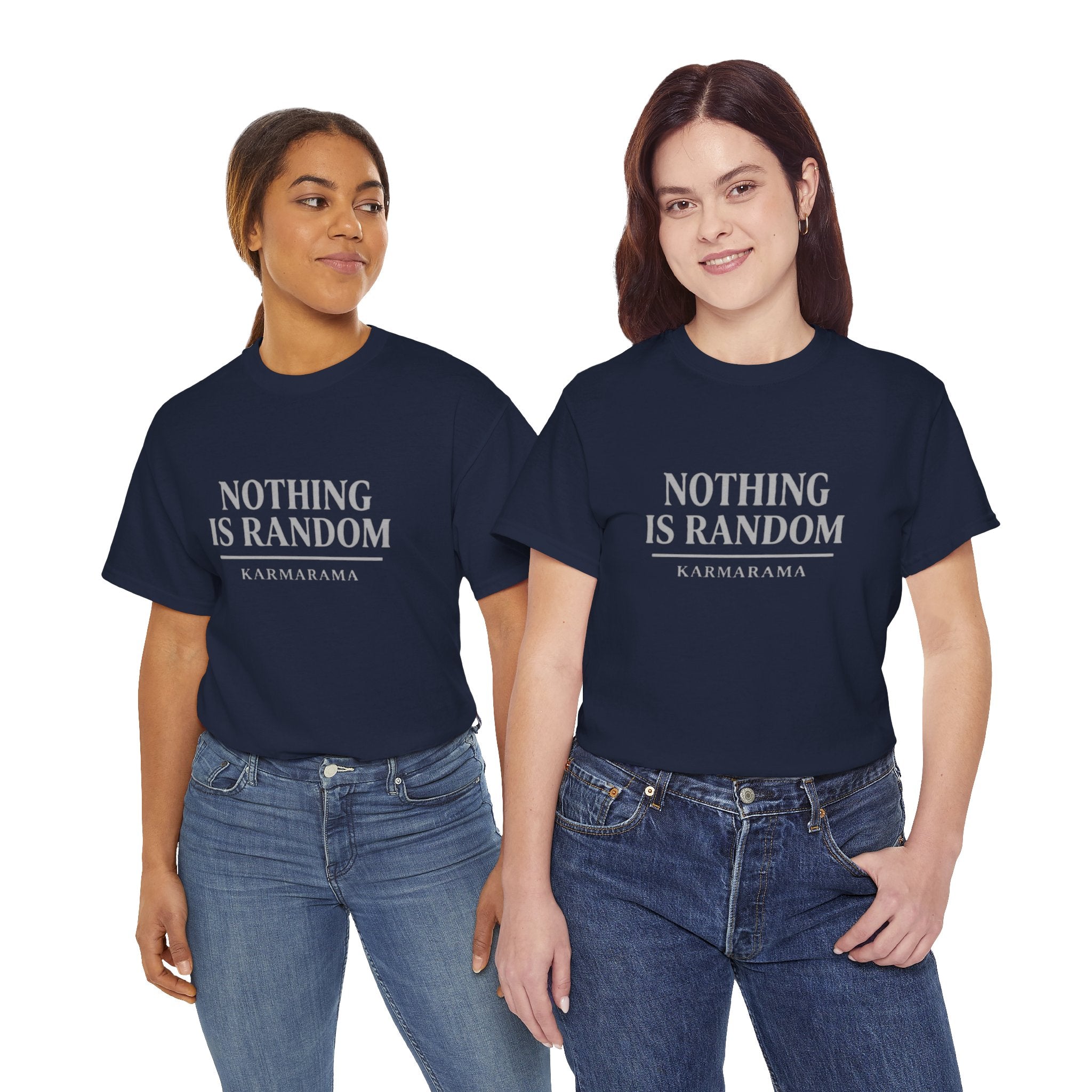 Karma quote "NOTHING IS RANDONM" unisex t-shirt by KARMARAMA. Available in 11 colors and 8 sizes. Premium organic cotton, ethically made. Trust the universe. Nothing is random."