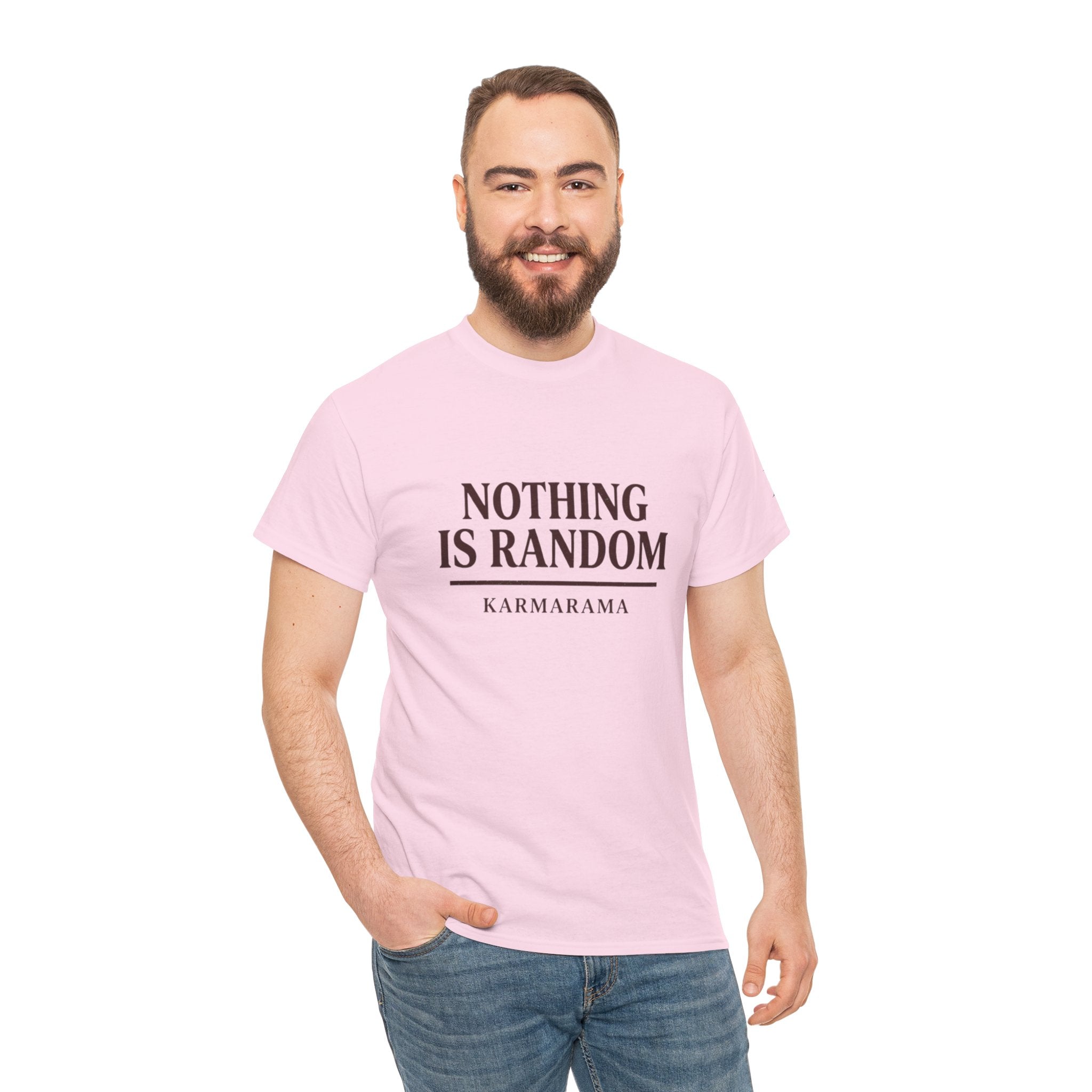 Karma quote "NOTHING IS RANDONM" unisex t-shirt by KARMARAMA. Available in 11 colors and 8 sizes. Premium organic cotton, ethically made. Trust the universe. Nothing is random."