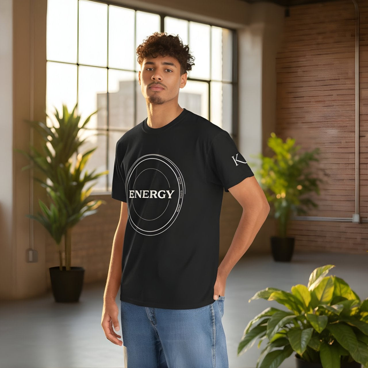 Male wearing a black t-shirt with 'ENERGY' design on the front chest and 'RETURNS' on the back and the KARMARAMA logo on the sleeve in a room with large windows and plants.