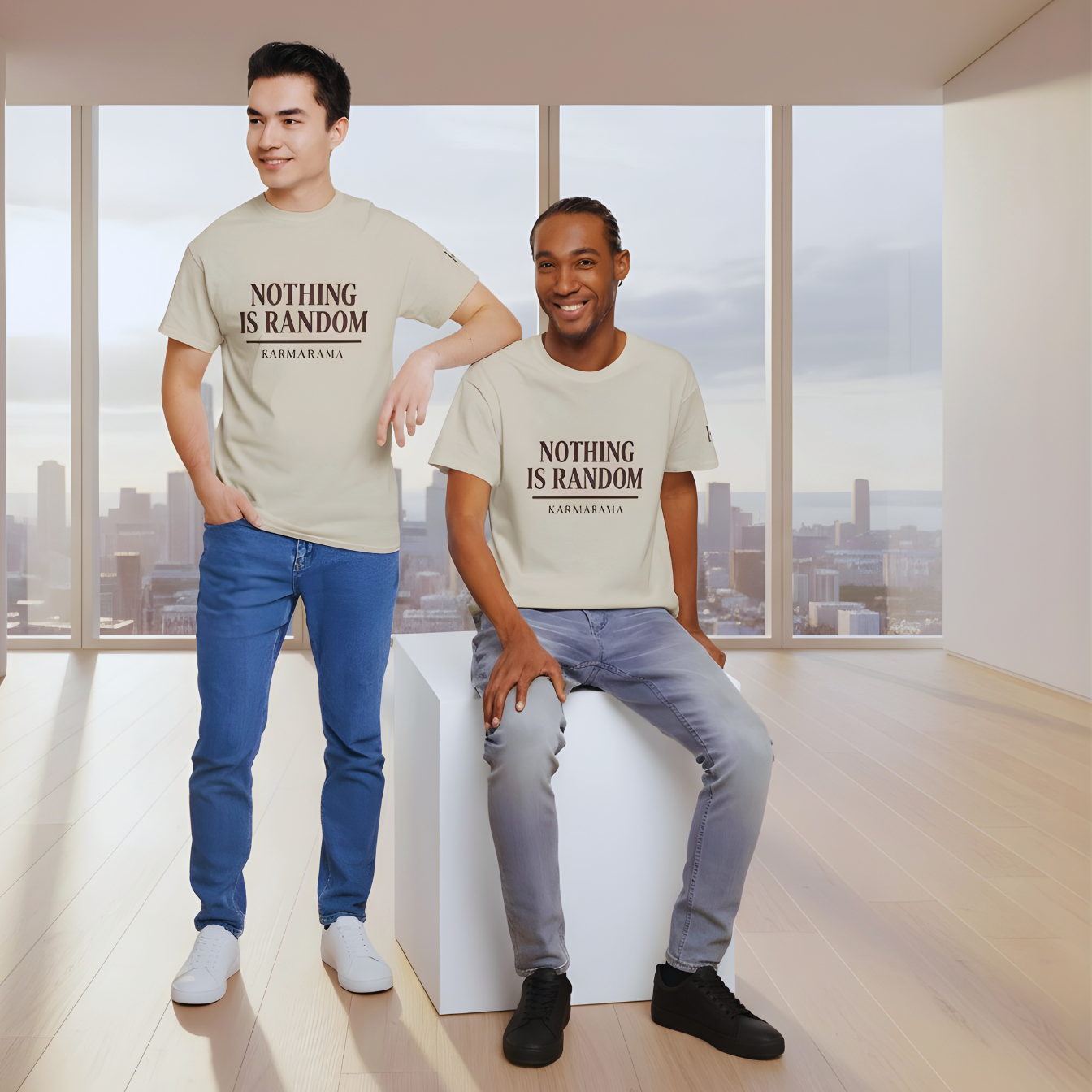 Two people wearing t-shirts with 'Nothing is Random' text in a modern indoor setting.